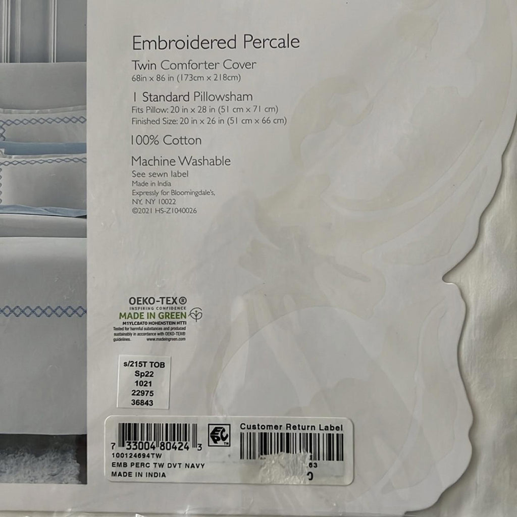 Sky NAVY Embroidered Percale Duvet Cover and Shams Set, Twin NEW w/Tag $230