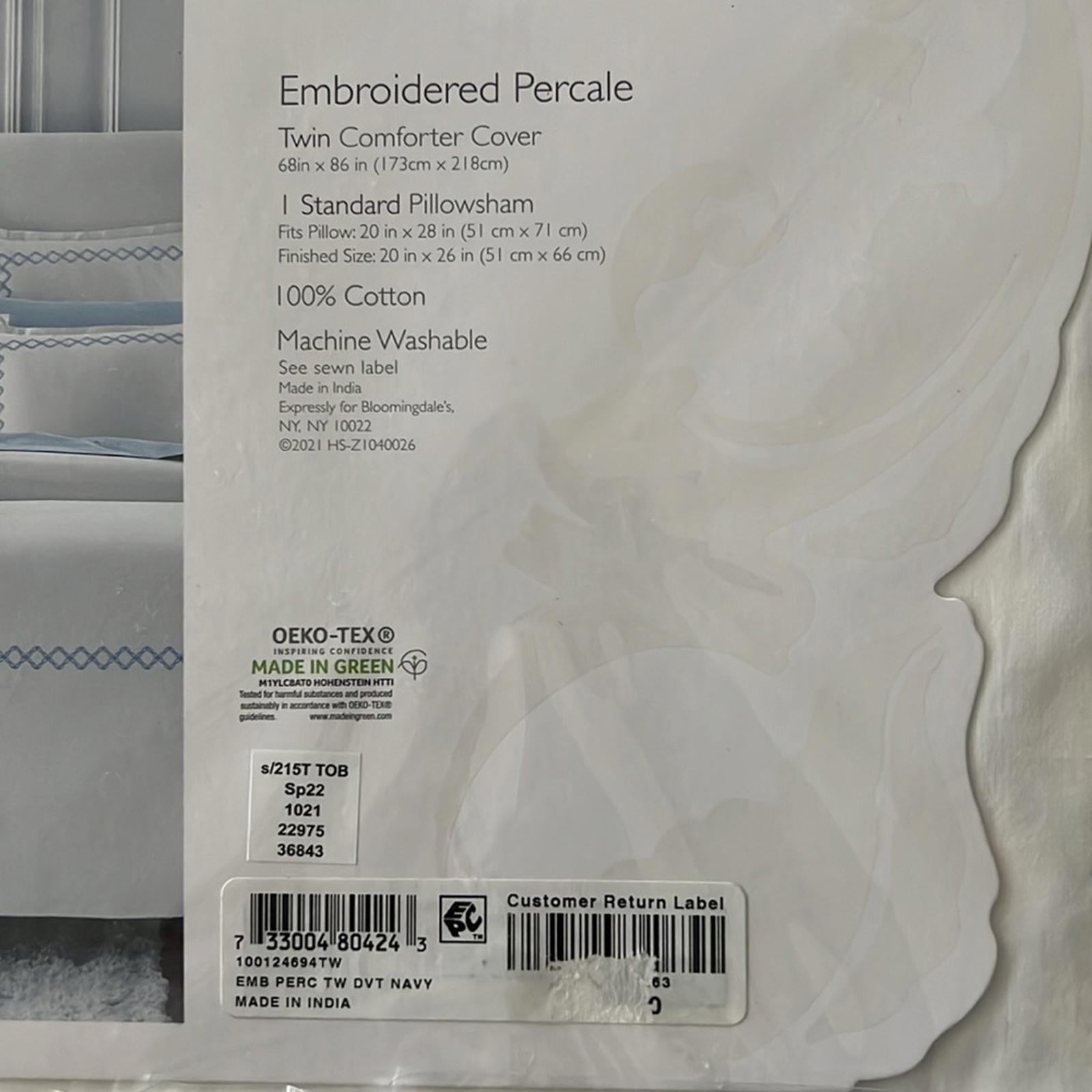 Sky NAVY Embroidered Percale Duvet Cover and Shams Set, Twin NEW w/Tag $230