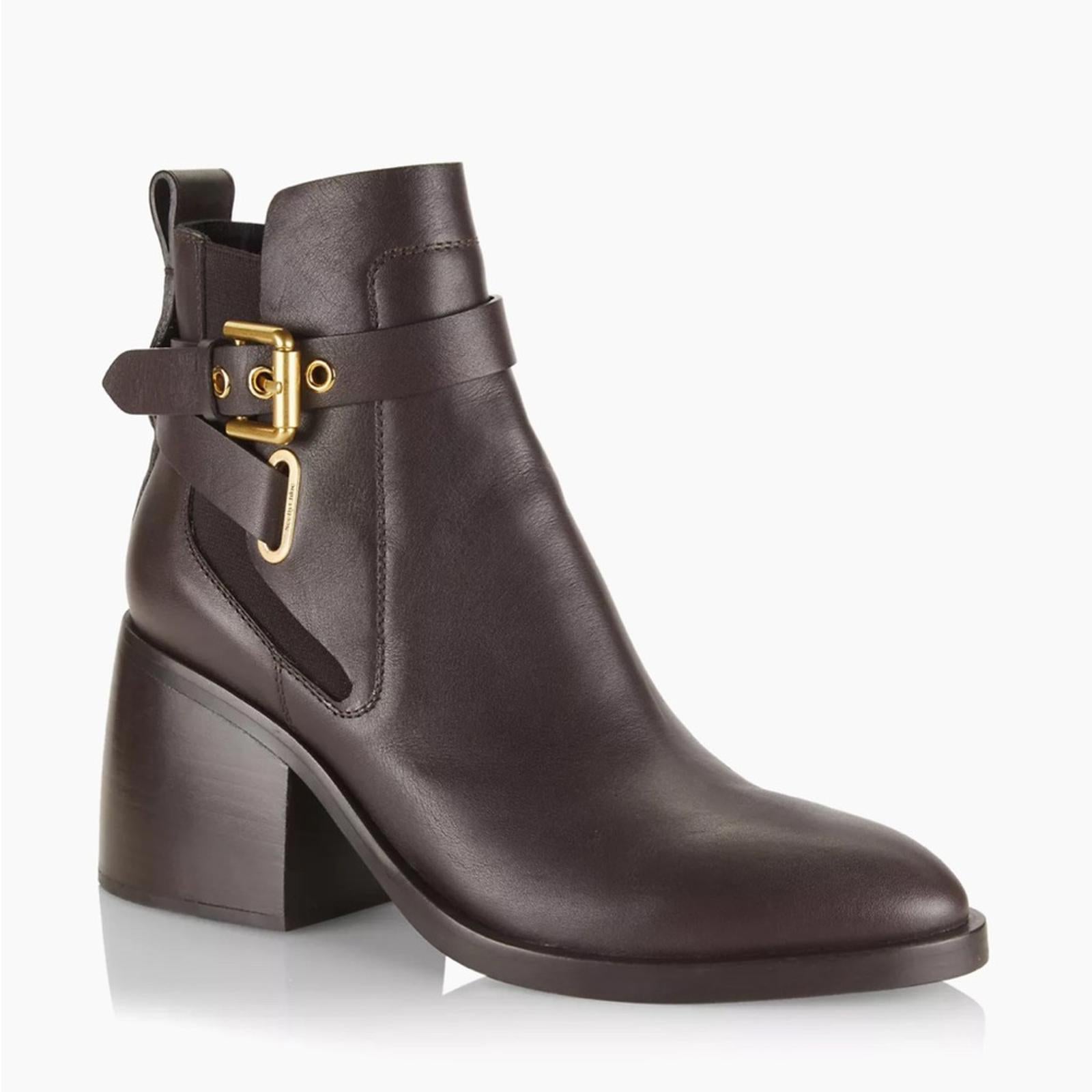 See by Chloé Dark Brown Calf Averi Block Heel Leather Bootie, Size 41 w/DustBag