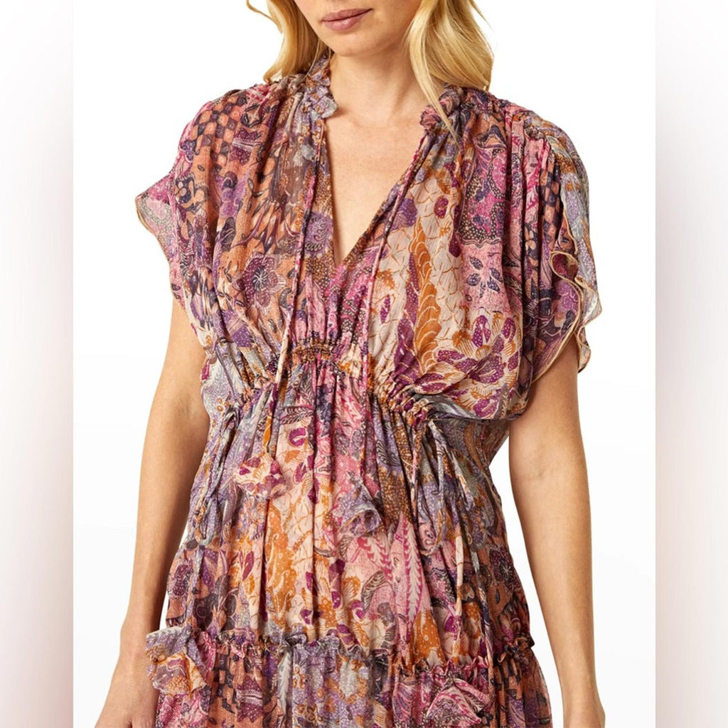 MISA Ilya Split-Neck Tiered Midi Dress, Boho Maxi Size XS New w/Tag $430