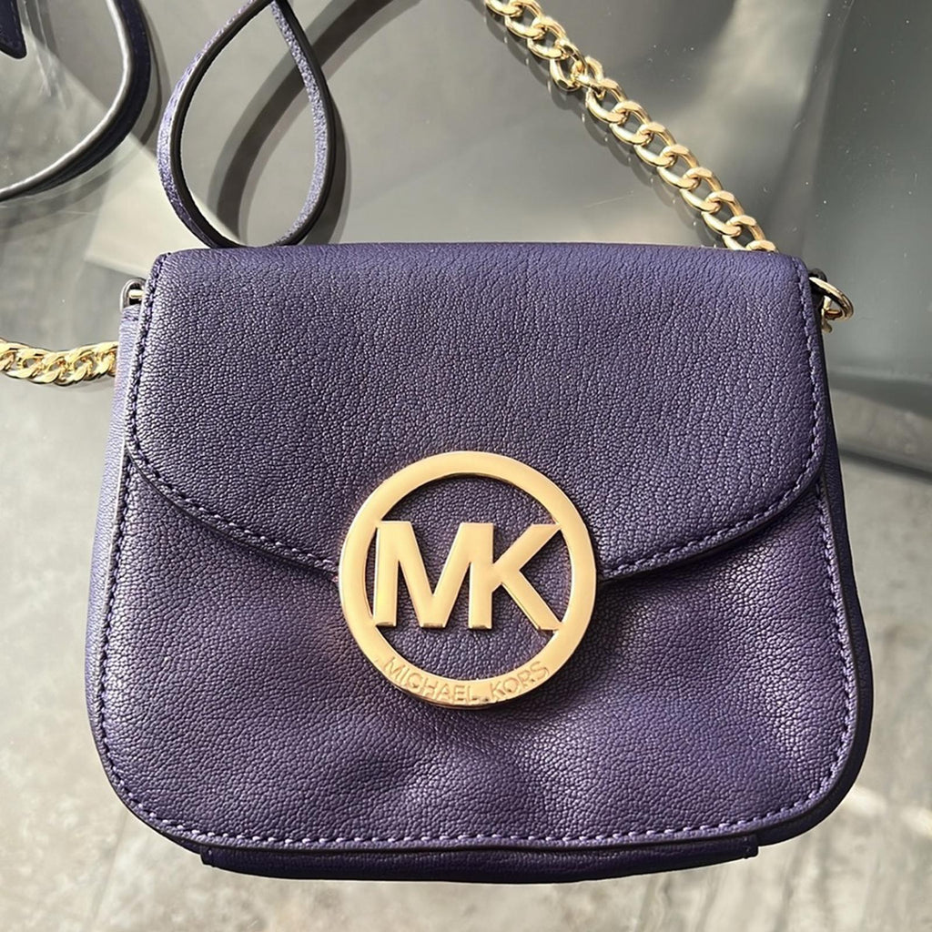 Michael Kors Fulton Leather Flap Crossbody Bag, Purple & Gold Tone Retail $208