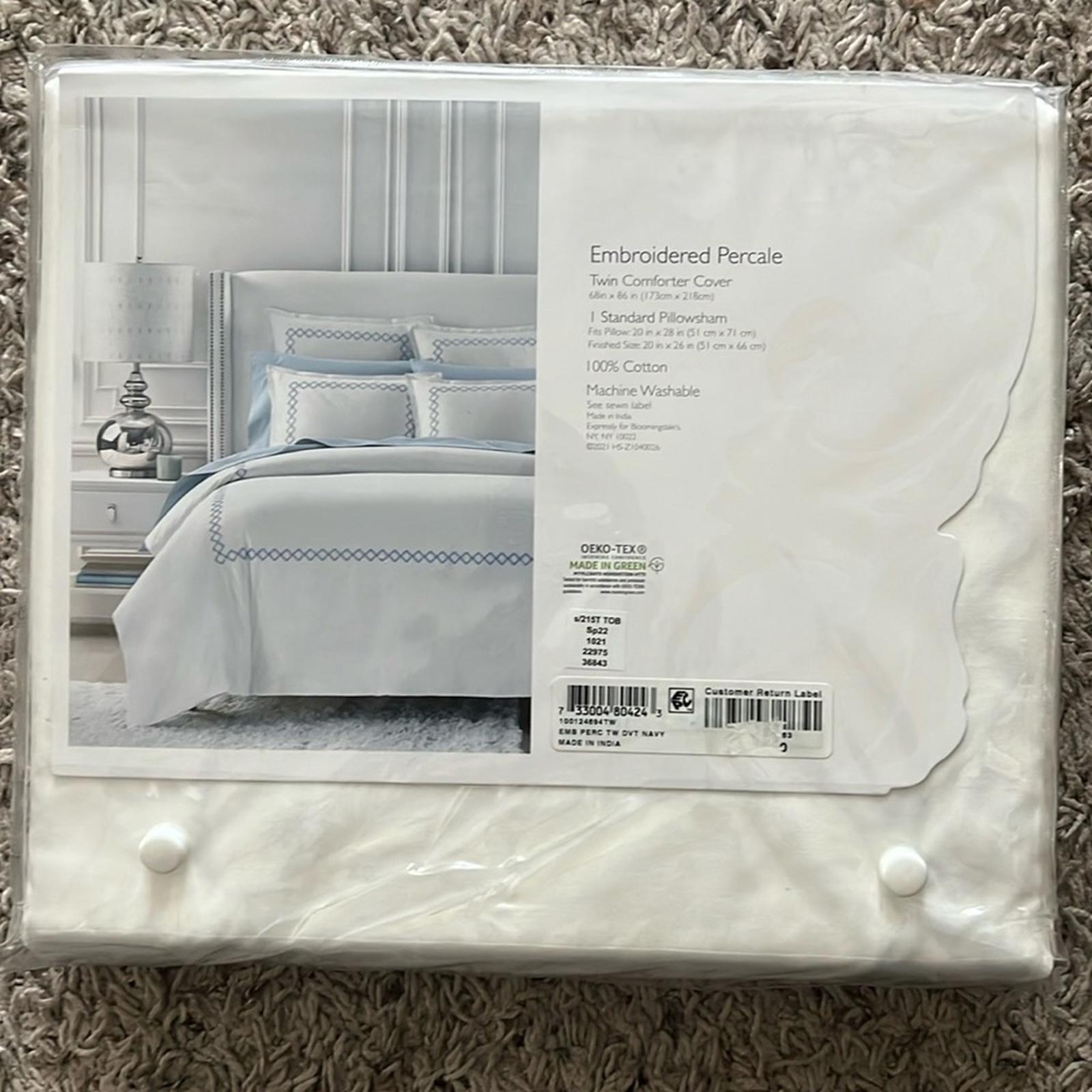 Sky NAVY Embroidered Percale Duvet Cover and Shams Set, Twin NEW w/Tag $230