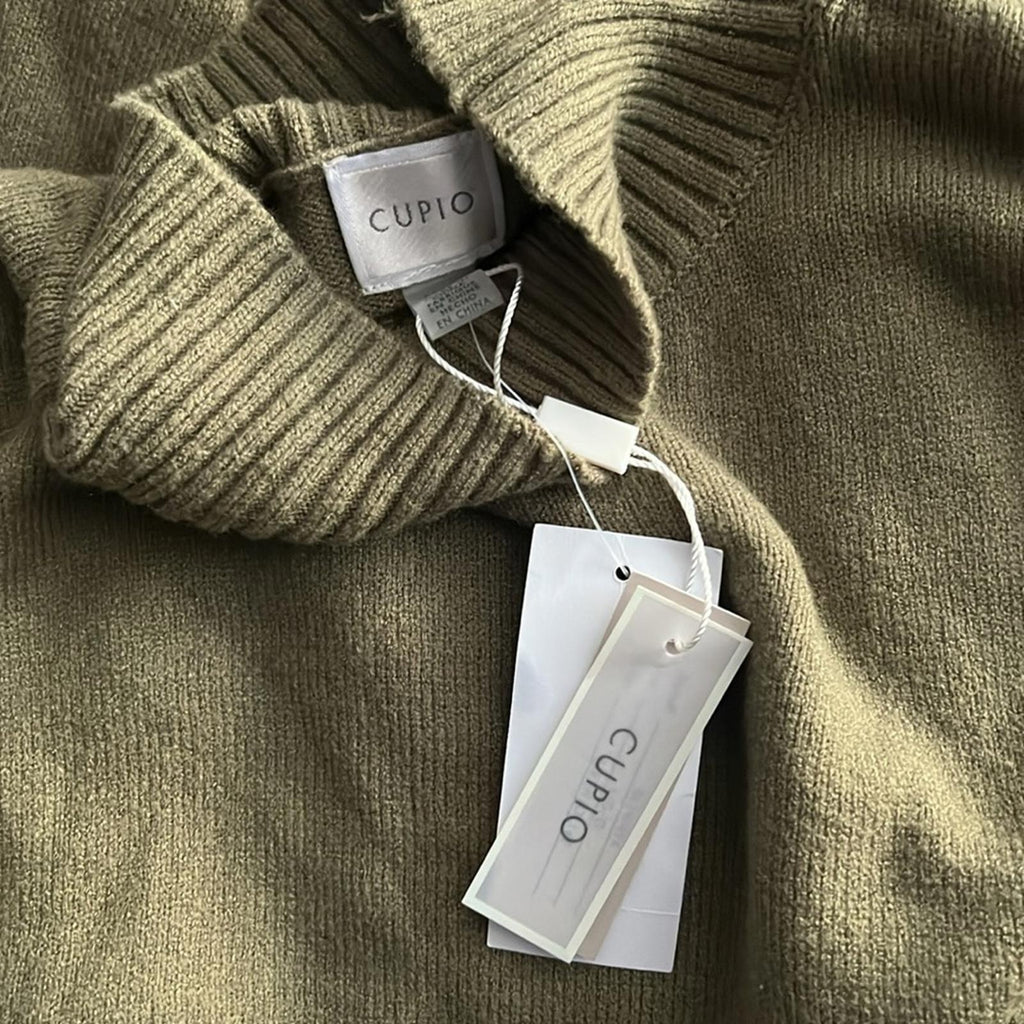 Cupio Ribbed Trim Ruffled Mock Turtleneck Sweater in Olive, Size L New w/Tag