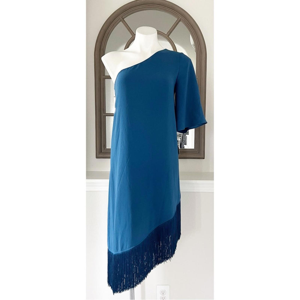 Trina Turk Gull One-Shoulder Asymmetric Fringed Dress in Denim, Size S New w/Tag
