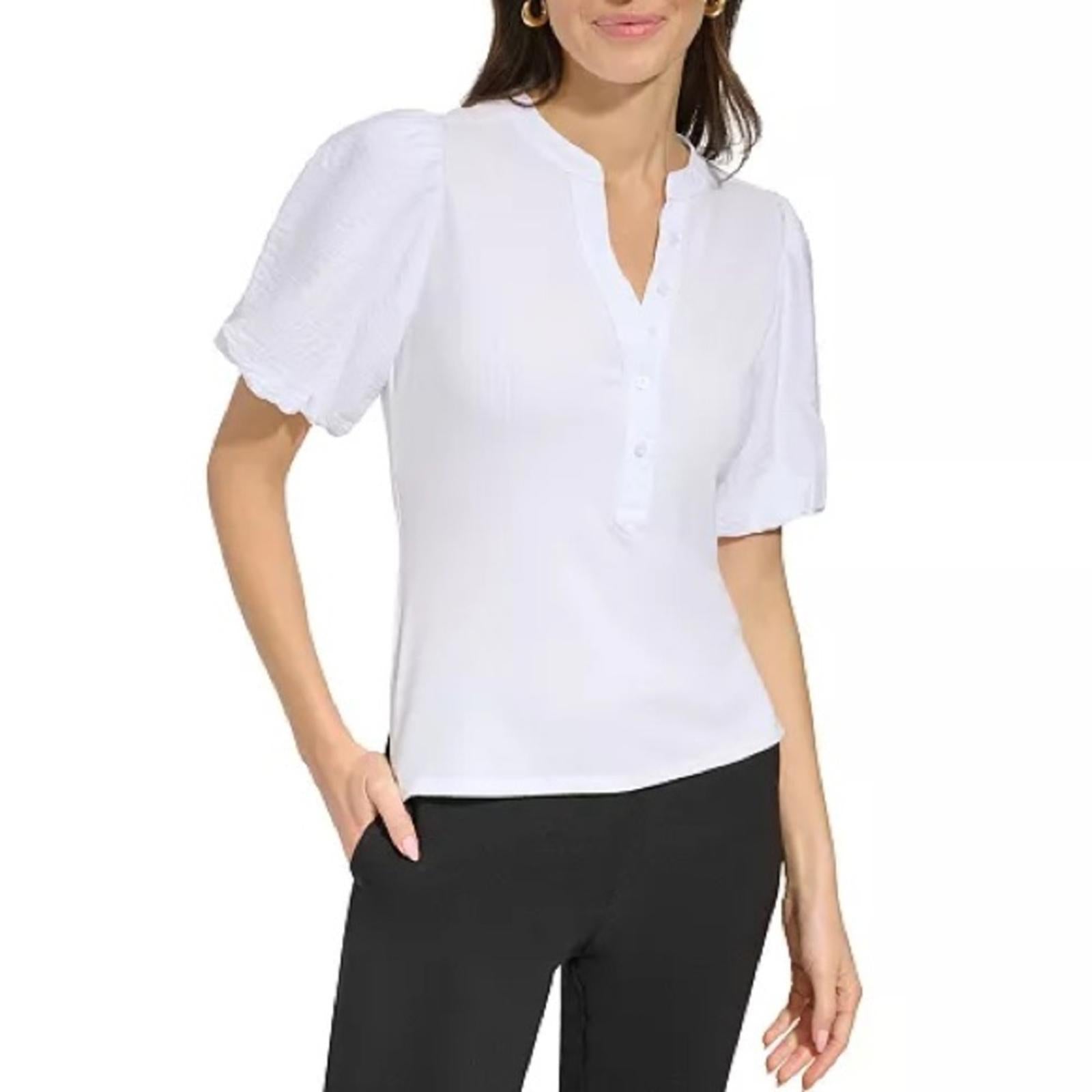 DKNY Puff-Sleeve Ribbed Henley Shirt in White, NWT, Size S