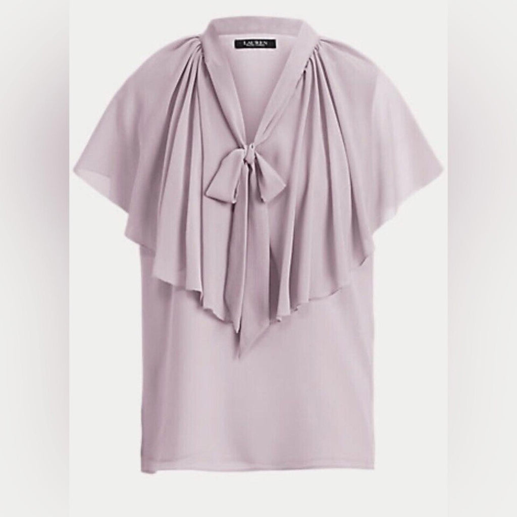 Lauren Ralph Lauren Tie-Neck Crinkle Georgette Cape Blouse Lt Purple Size XL NWT
