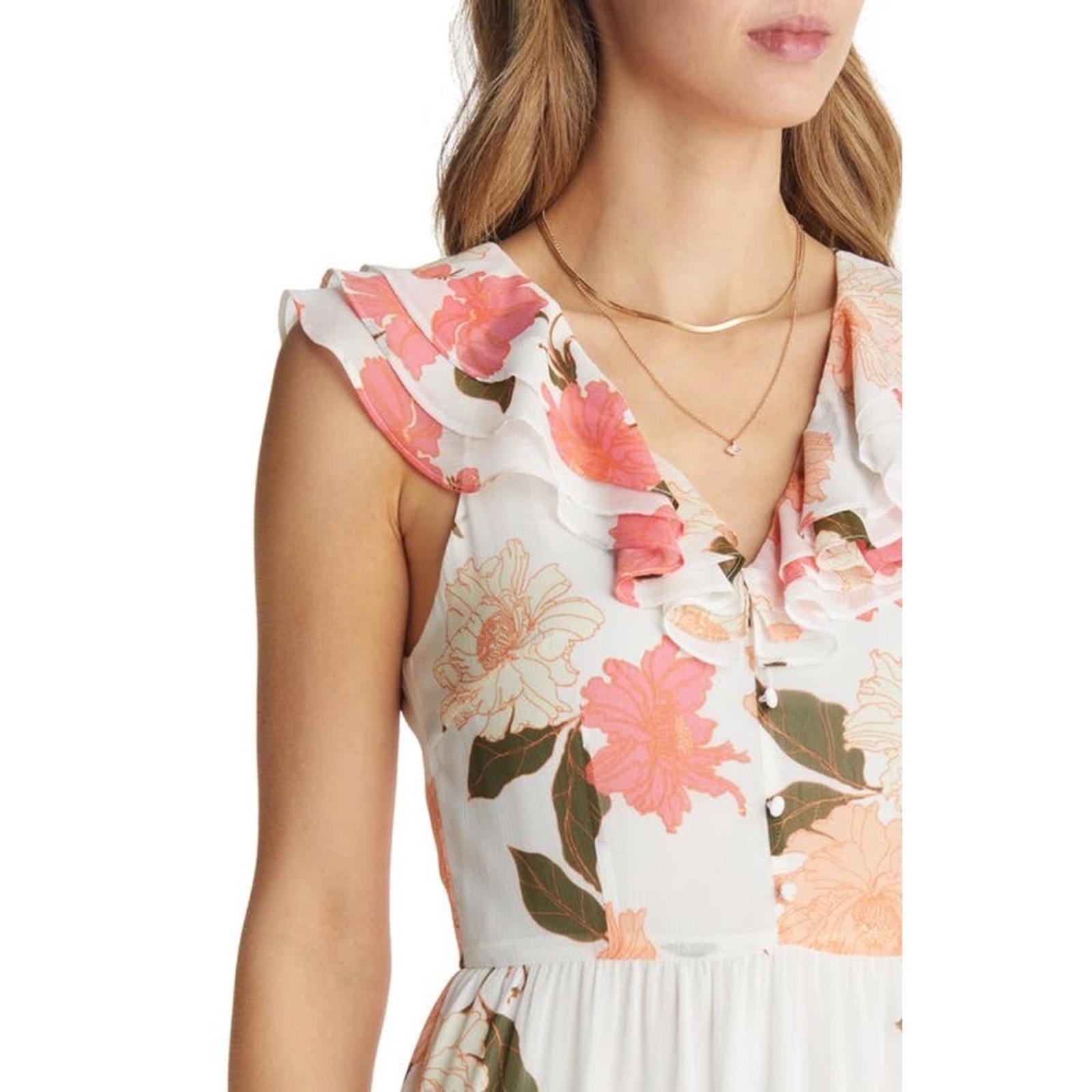 VICI Floral Print Tiered Chiffon Maxi Dress, Cream Peach, Size XS New w/Tag