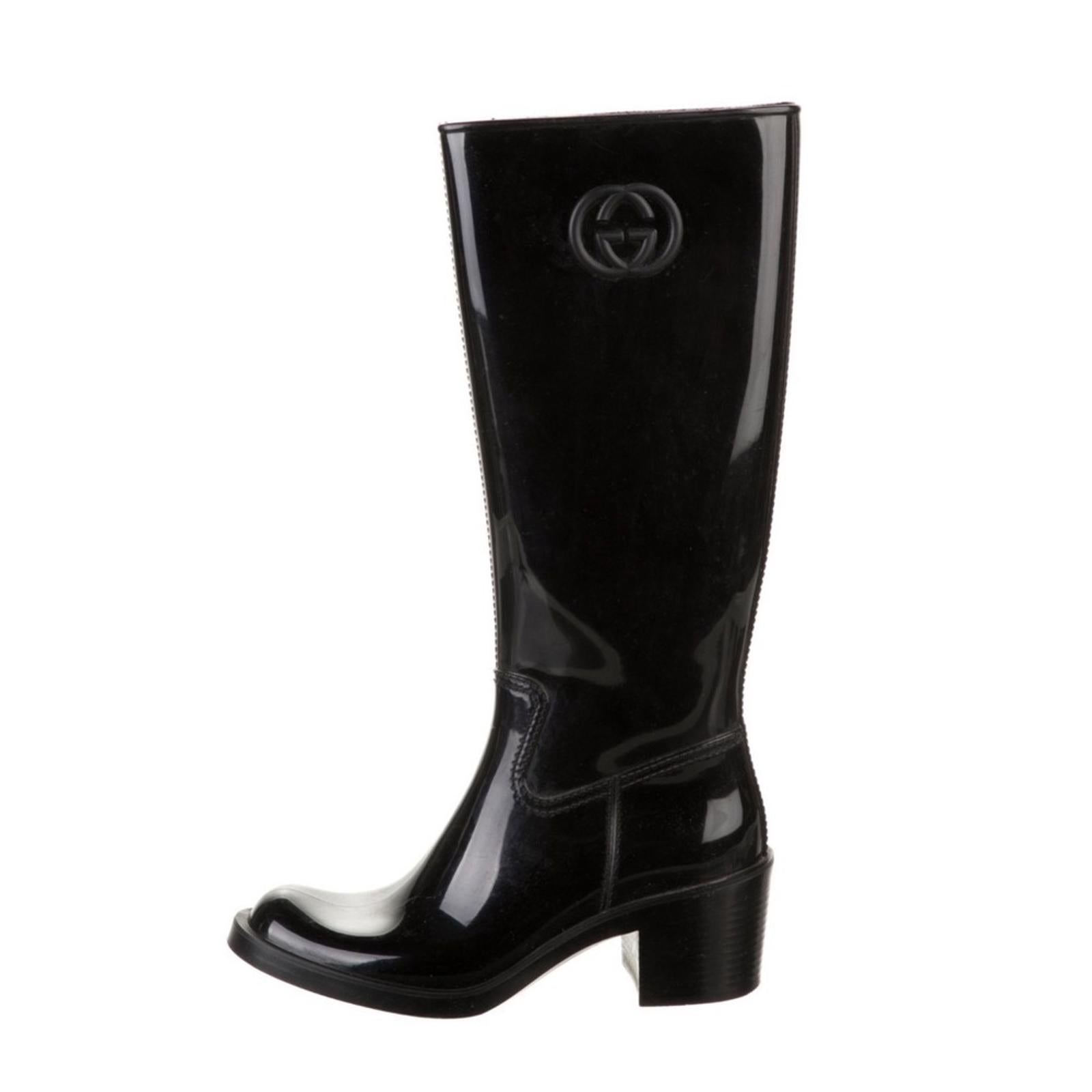 GUCCI Interlocking G Rubber Mid-Calf Rain Boots, Black Size 37 EXCELLENT!