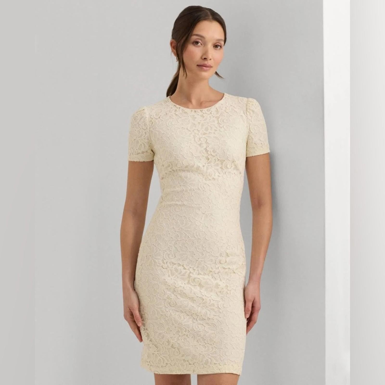 Lauren Ralph Lauren Winter Cream Puff-Sleeve Lace Cocktail Dress Size 4 NWT $225