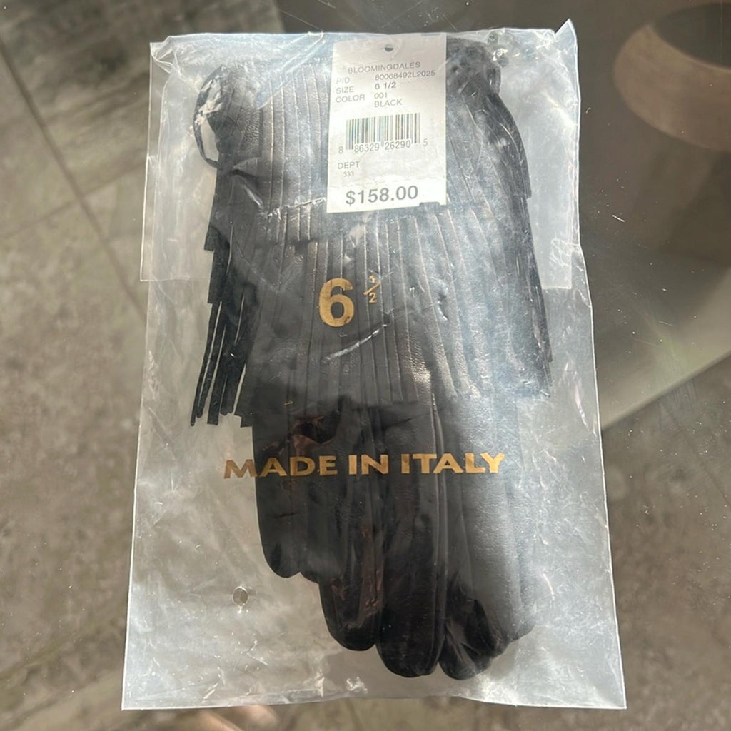 Bloomingdale's Fancy Fringed Leather Gloves in Black, Size 6.5 New w/Tag $158