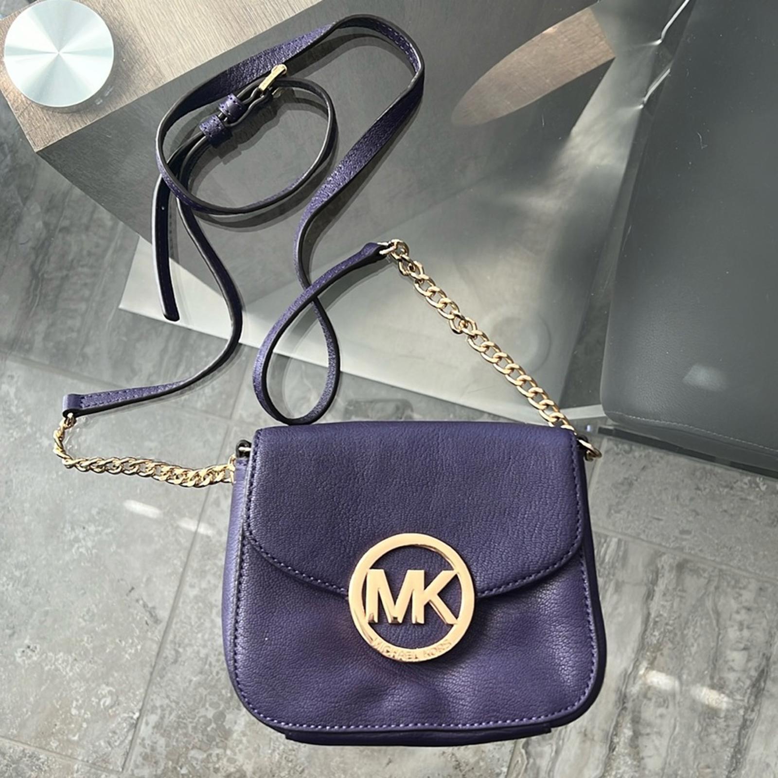 Michael Kors Fulton Leather Flap Crossbody Bag, Purple & Gold Tone Retail $208