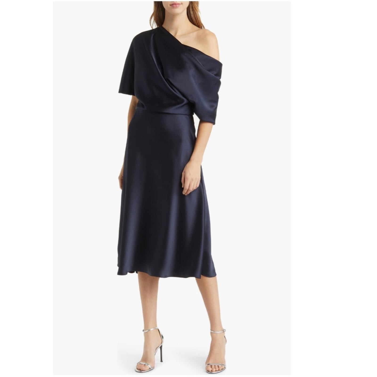 NEW Amsale NAVY One Shoulder Fluid Satin Cocktail Midi Dress, Size 4 Retail $385