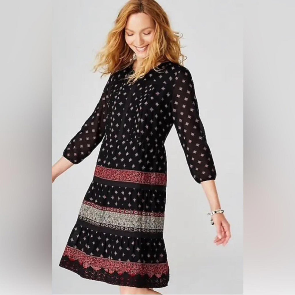 J. Jill Pin-tucked Lace Trim Dress , Black Red Size XL Retail $119