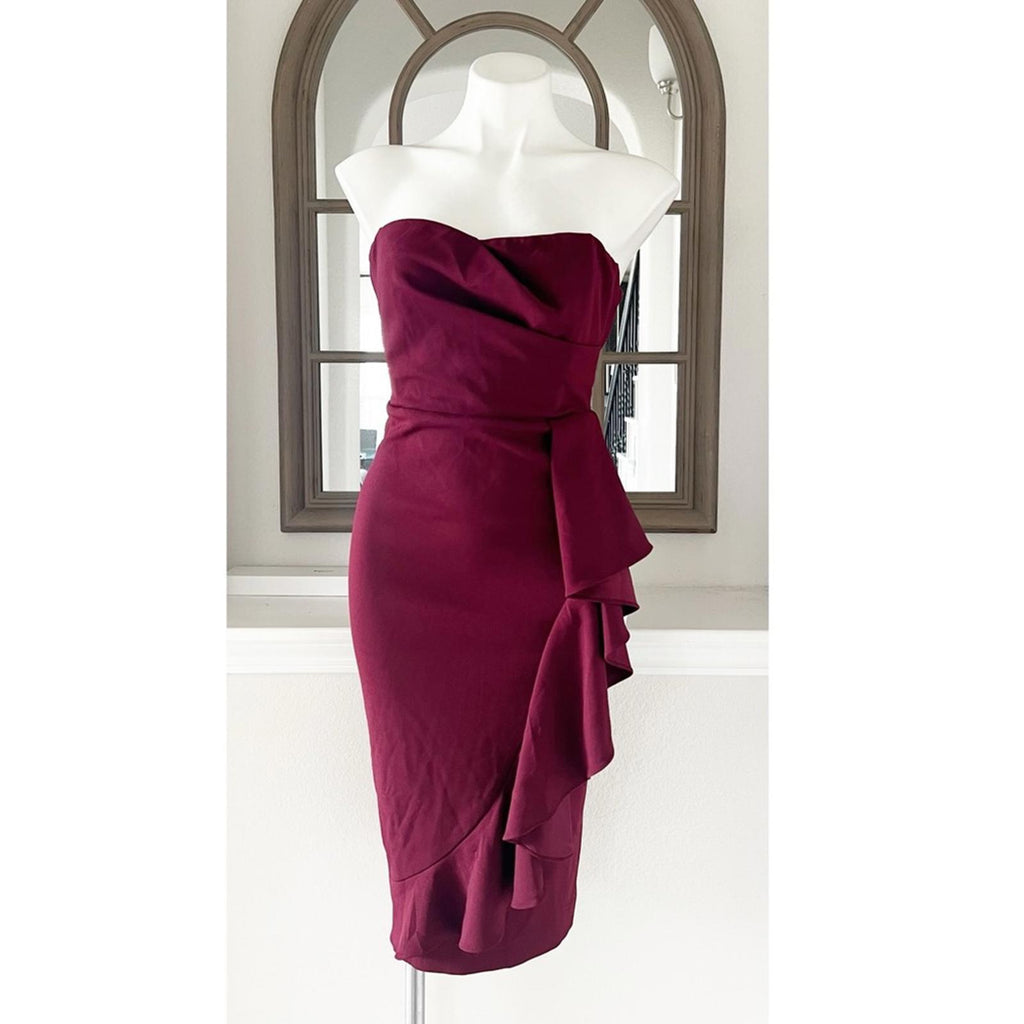 Dress the Population Liv Strapless Ruffled Dress, Burgundy Size S New w/Tag
