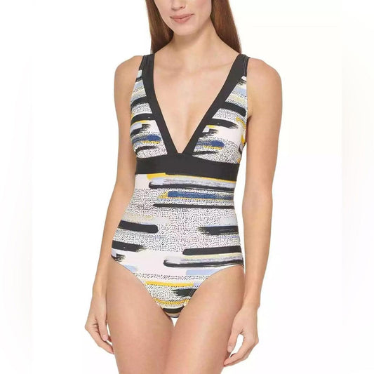 DKNY Printed Deep-V One-Piece Swimsuit Size 6, NEW w/Tag