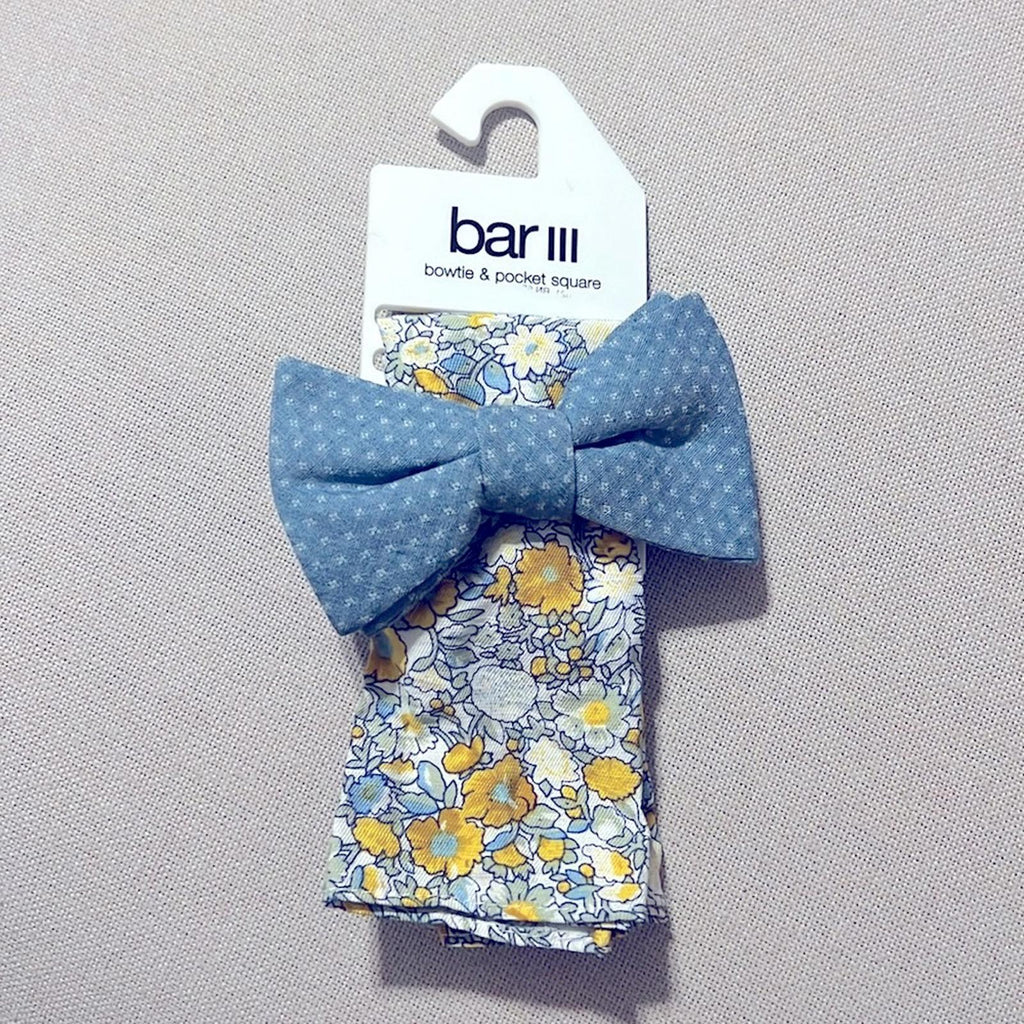 Bar III Bowtie & Pocket Square, Blue Diamond & Floral Style 13S22-1000 New w/Tag