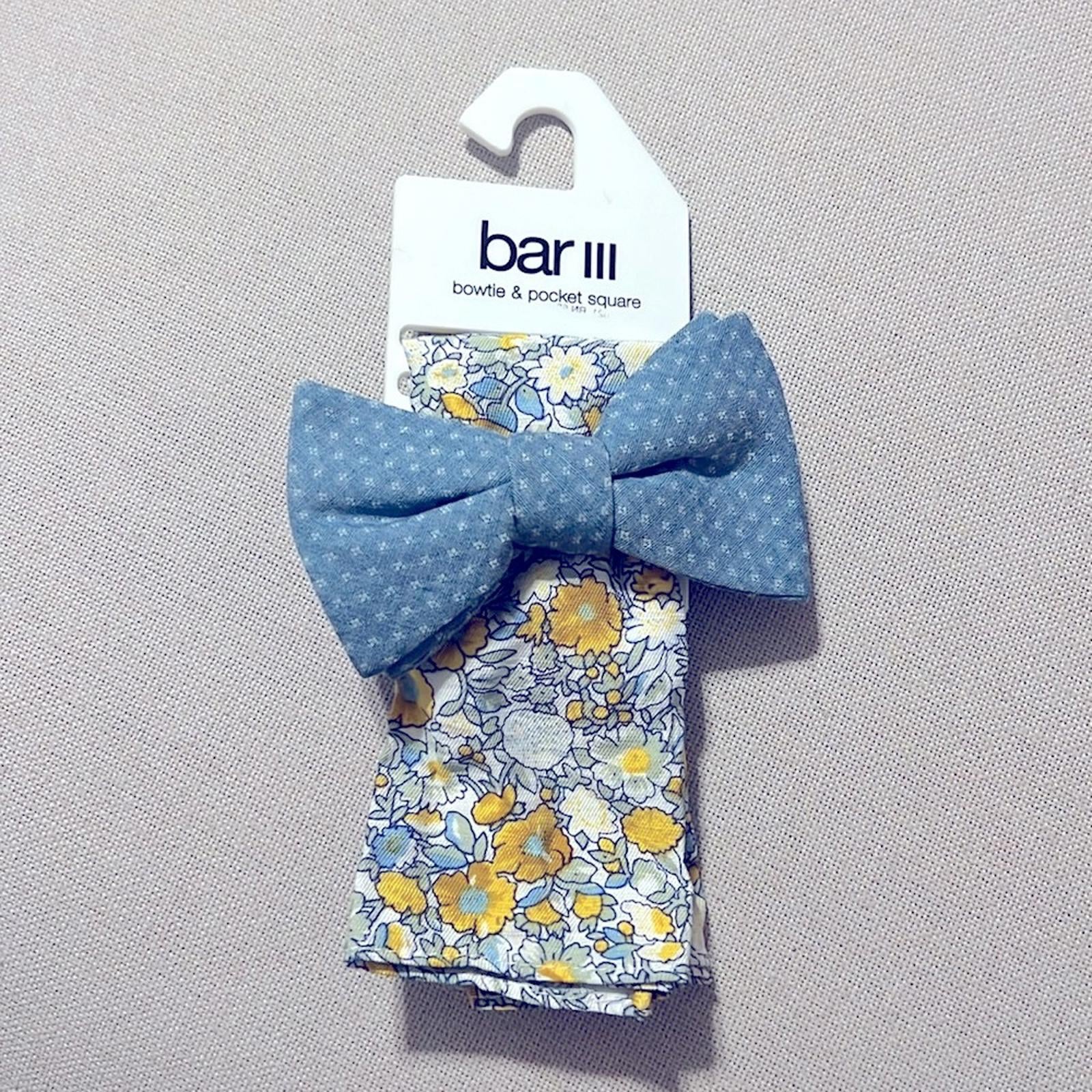 Bar III Bowtie & Pocket Square, Blue Diamond & Floral Style 13S22-1000 New w/Tag