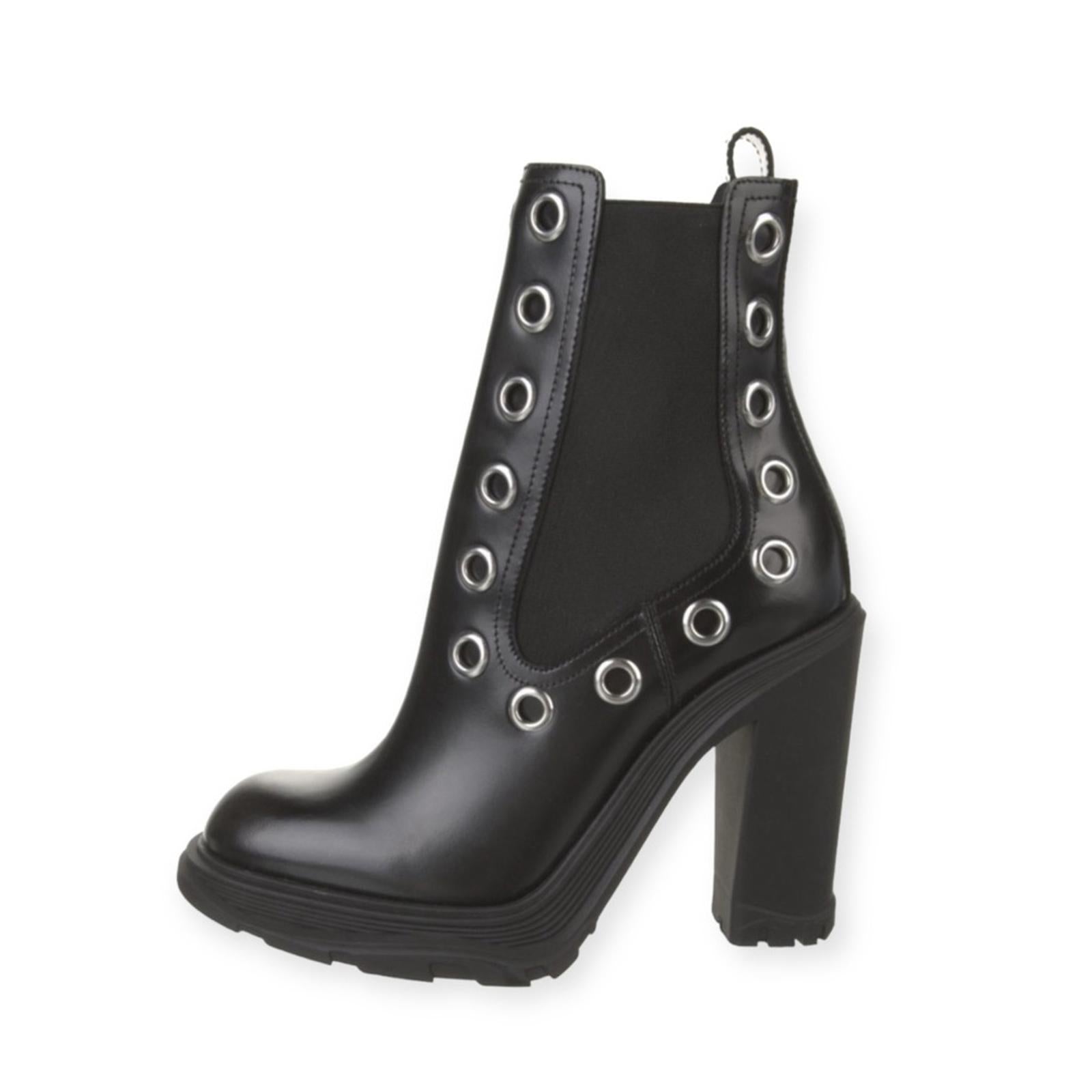 Alexander McQueen Tread Grommet Embellished Black Boots, Size 39.5, Retail $1290