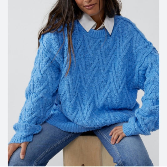 NEW Free People Isla Cable Knit Oversized Sweater, Marine Blue Size L