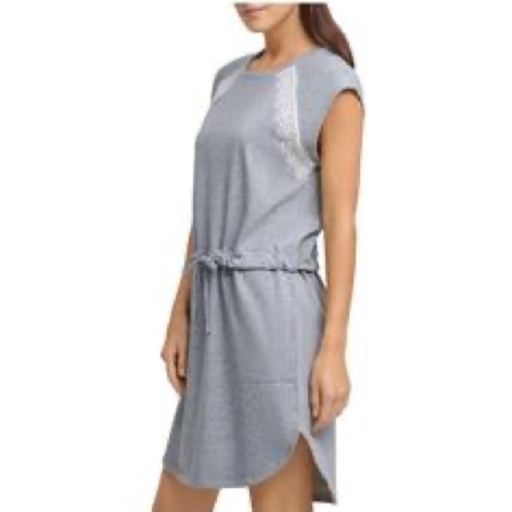 DKNY Lace Drawstring-Waist Crewneck Short Shift Dress Heather Grey, NWT, Size M