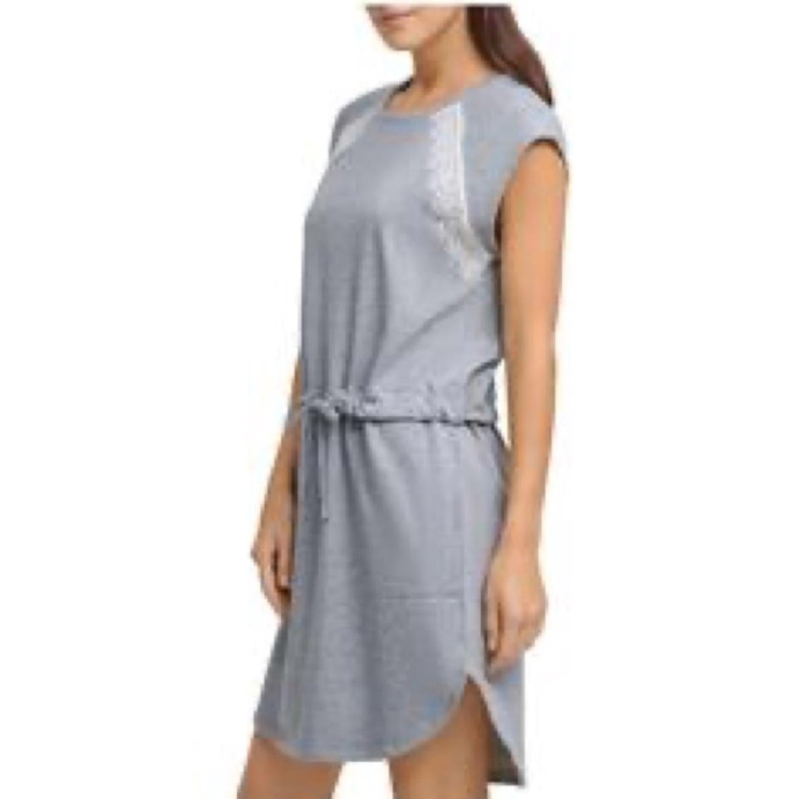 DKNY Lace Drawstring-Waist Crewneck Short Shift Dress Heather Grey, NWT, Size M