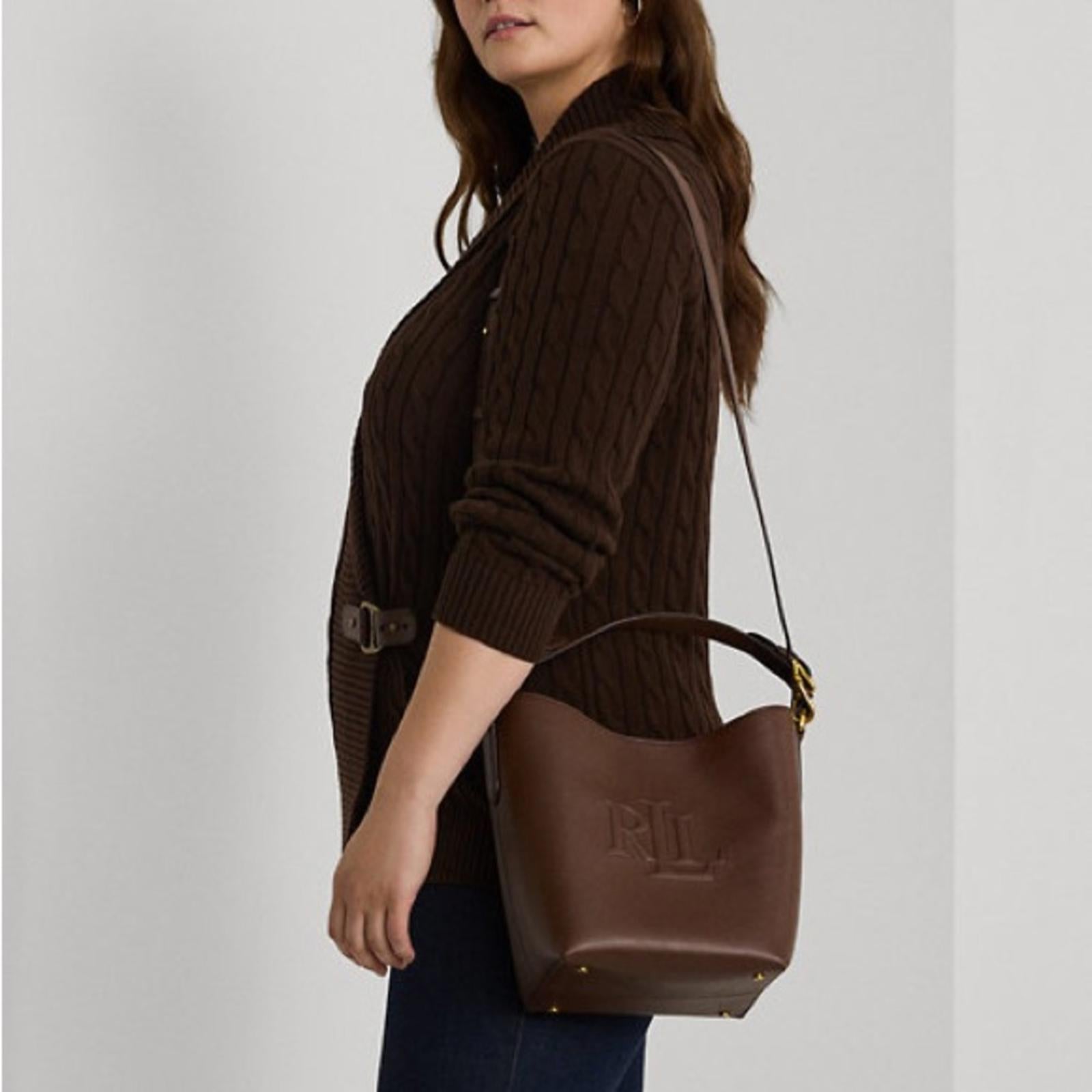 Lauren Ralph Lauren Leather Medium Witley Bucket Bag in Dark Mahogany, NEW