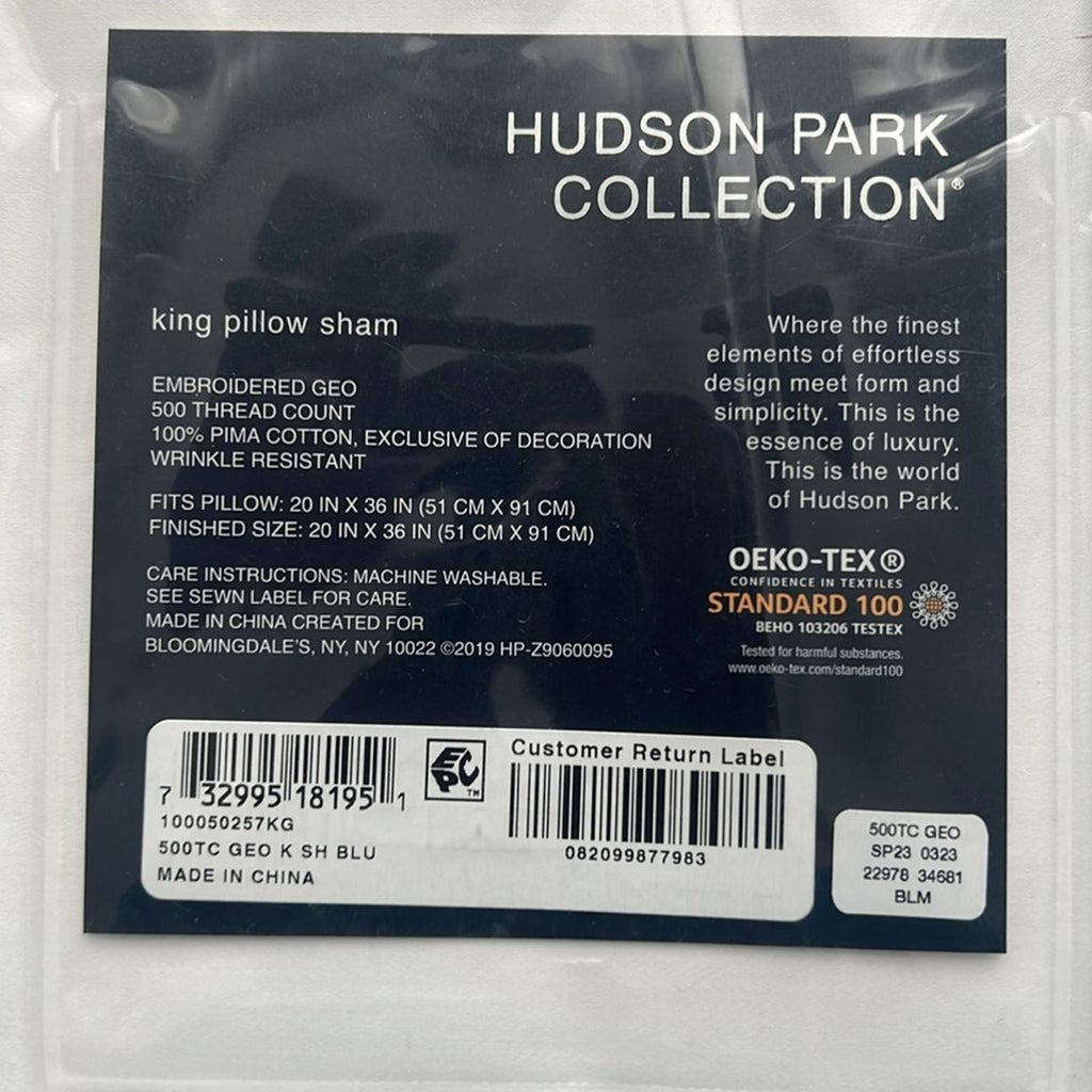 Hudson Park Collection Embroidered Geo King Sham, 500 Thread Count, White/Blue