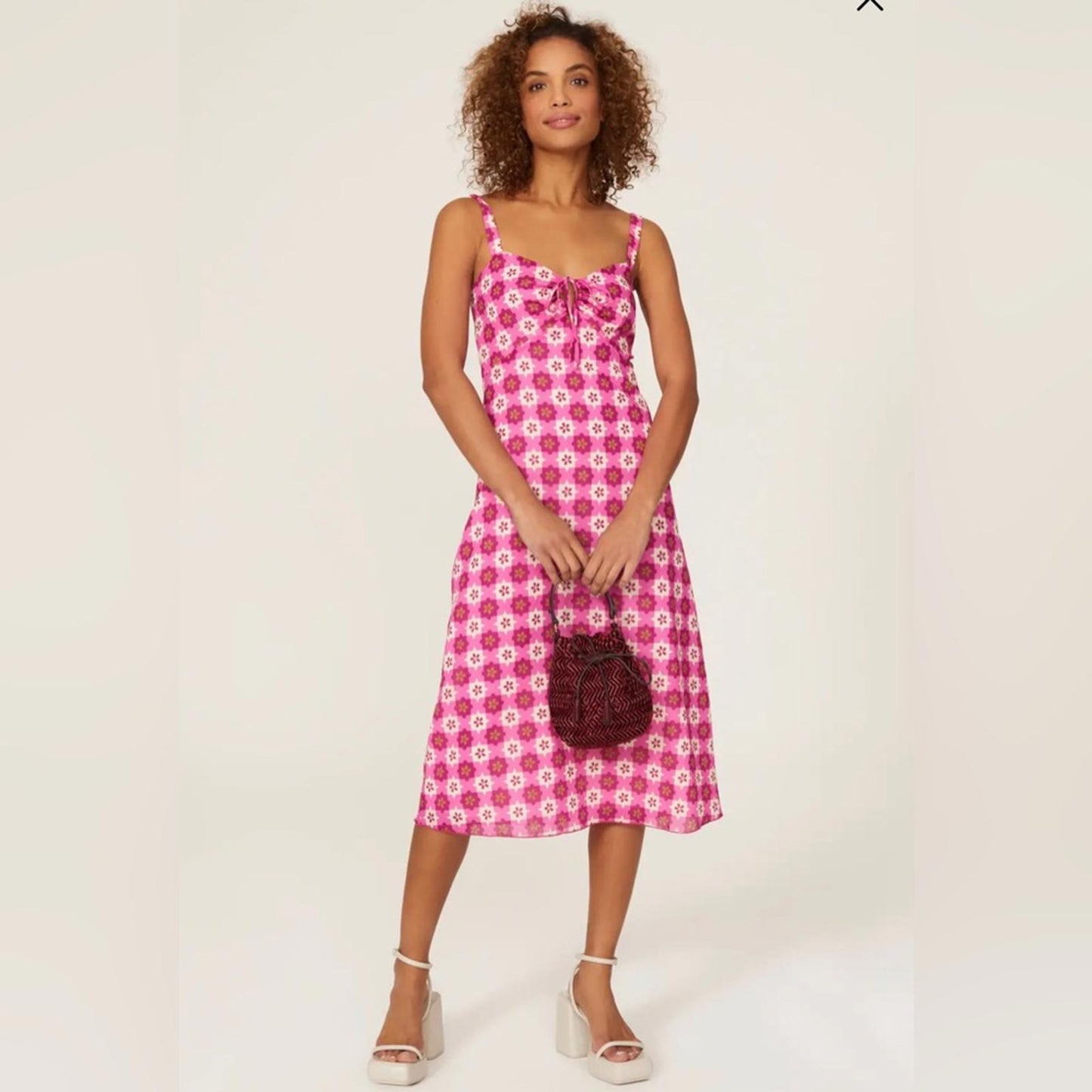 $518 Anna Sui Utopian Gingham Cotton Slip Dress in Neon Pink, Size 2