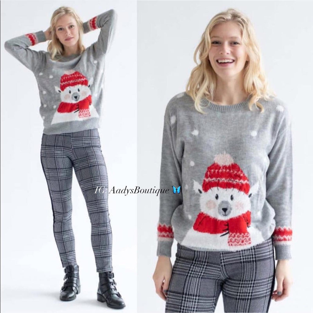 POOF New York Holiday Polar Bear Crewneck Sweater in Grey, NWT, Size M