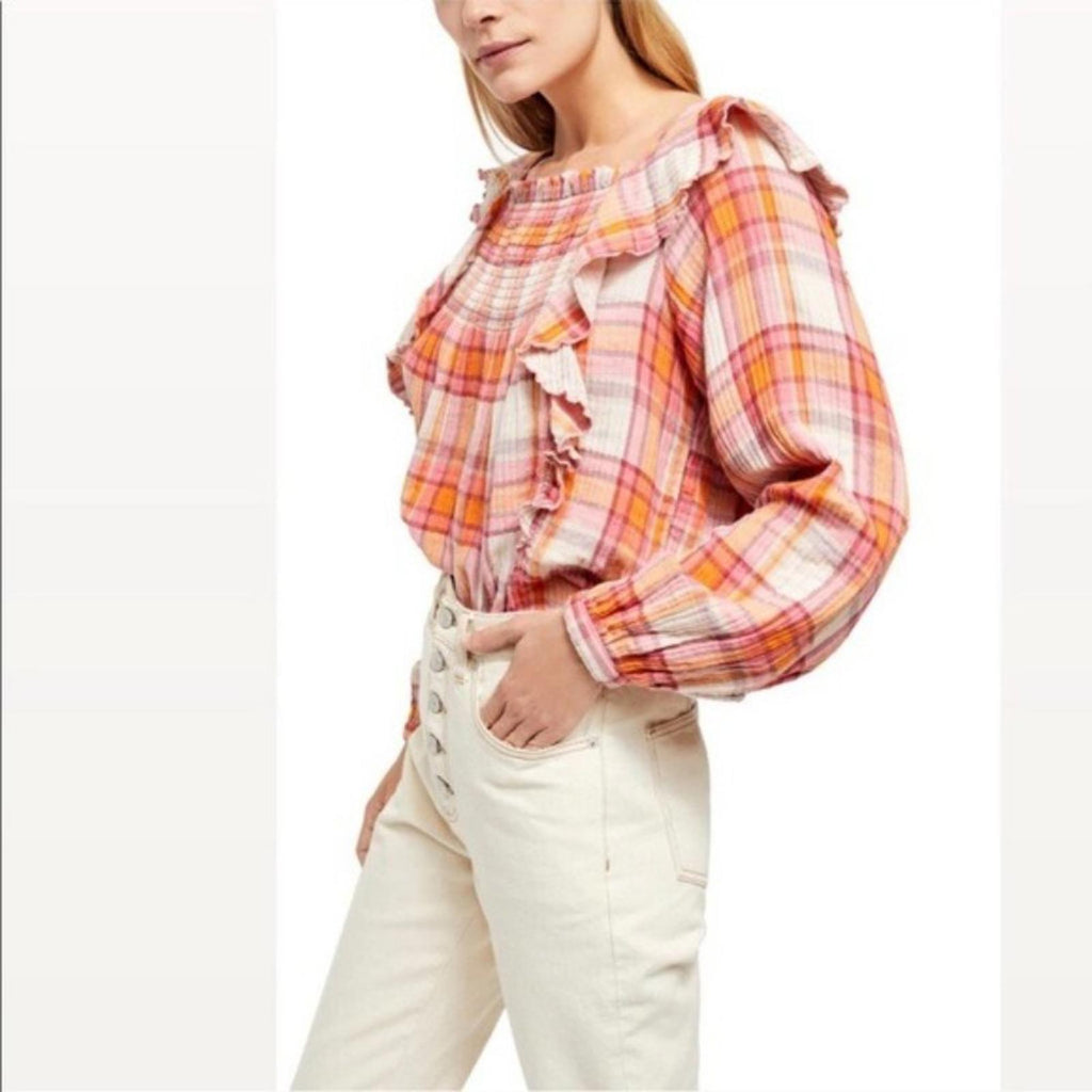 Free People Plaid Ruffle Top Long Sleeve Size L NWT $118.00