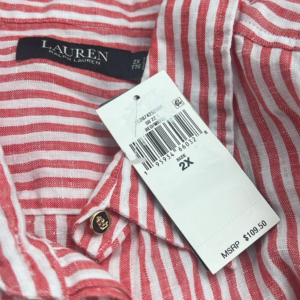 Lauren Ralph Lauren Striped Tie Front Linen Shirt in Red/White, Size 2X, NEW