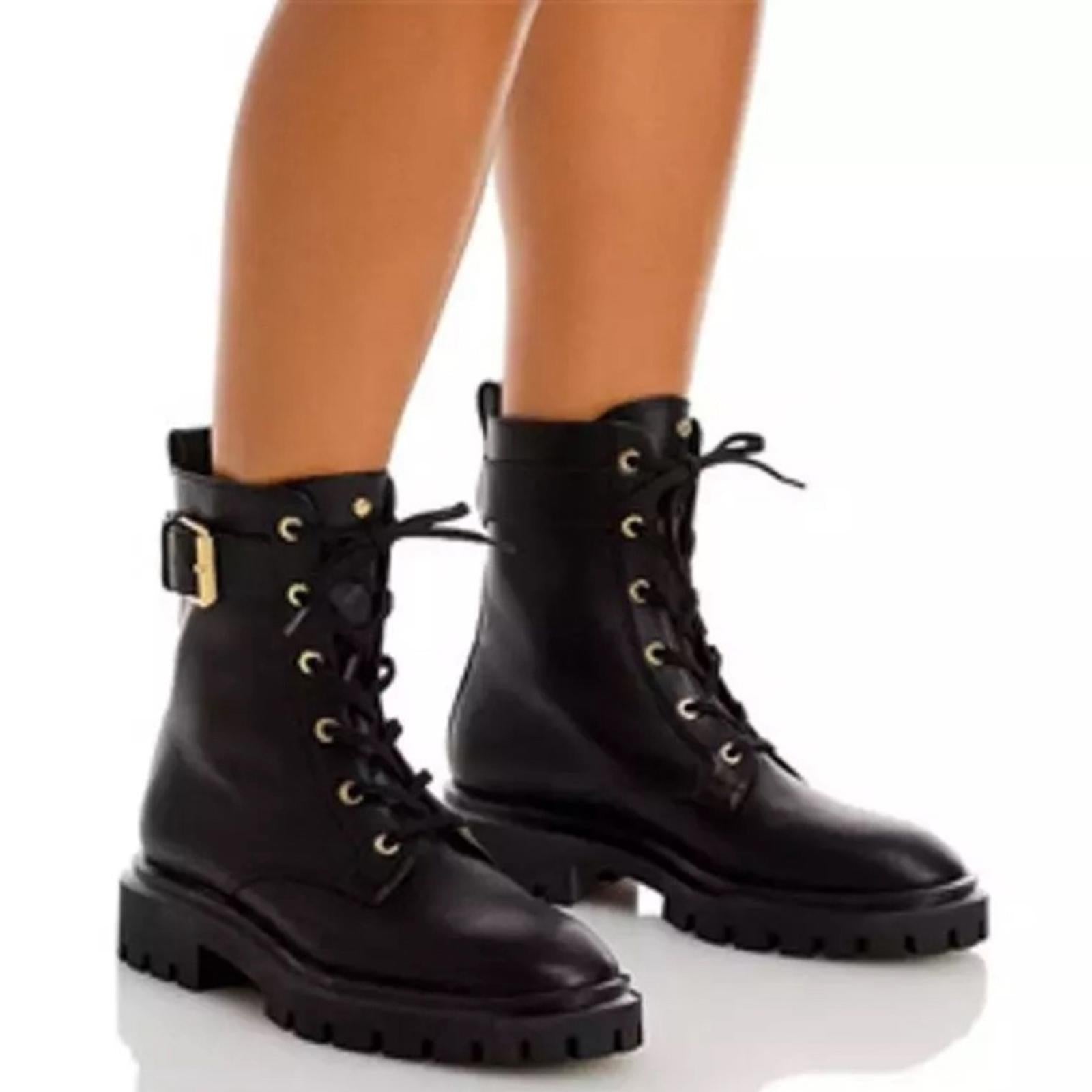 Stuart Weitzman Ultra Lug Sole Buckle Combat Boots in Black, US 10/EU 40.5 NWT