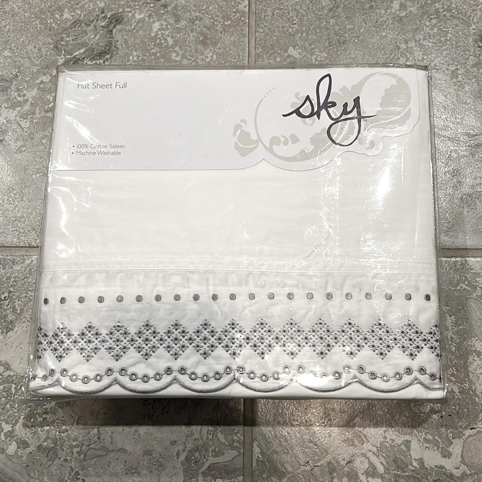 SKY Scalloped Grey Embroidered Flat Sheet Full, New w/Tag