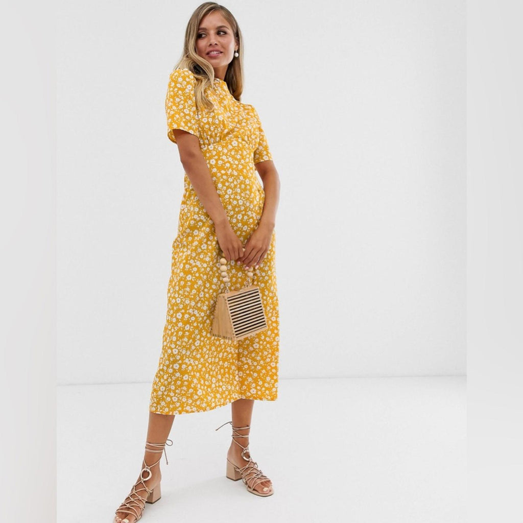 New ASOS Midi Tea Dress with Buttons, Mustard based Floral, Size US12, EU44