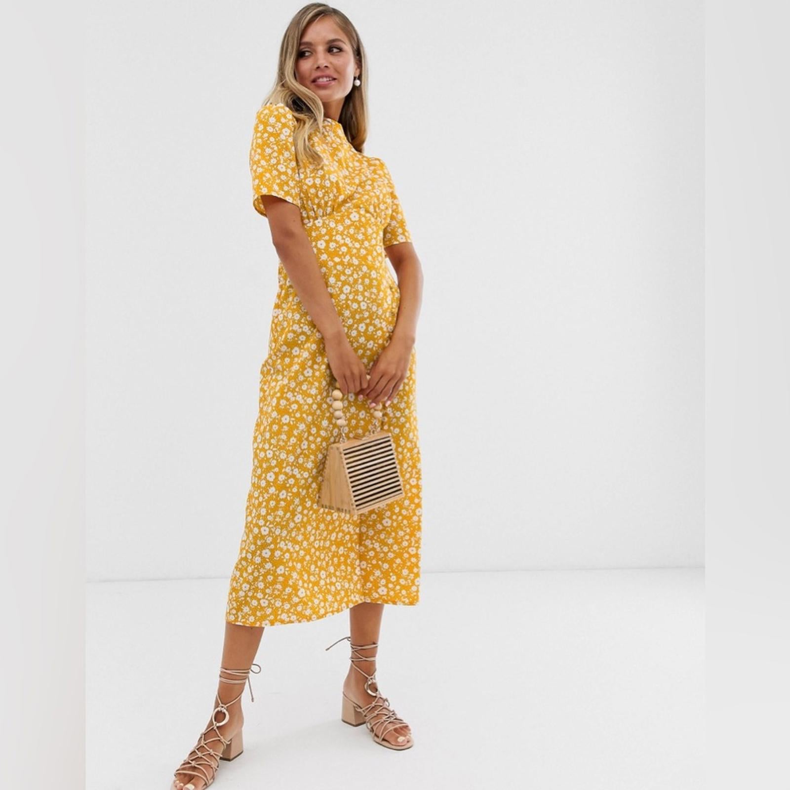 New ASOS Midi Tea Dress with Buttons, Mustard based Floral, Size US12, EU44
