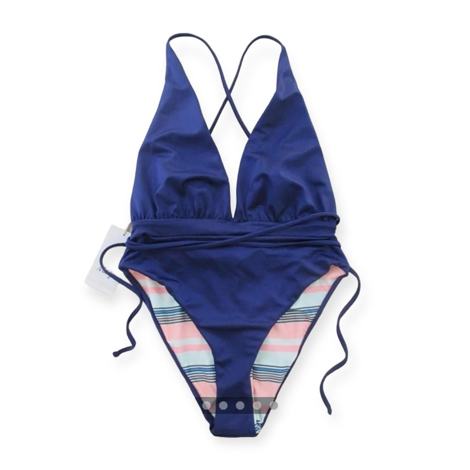 Maaji Safari Reversible Plunge One-Piece Swimsuit Stripe/Solid, Blue New w/Tag