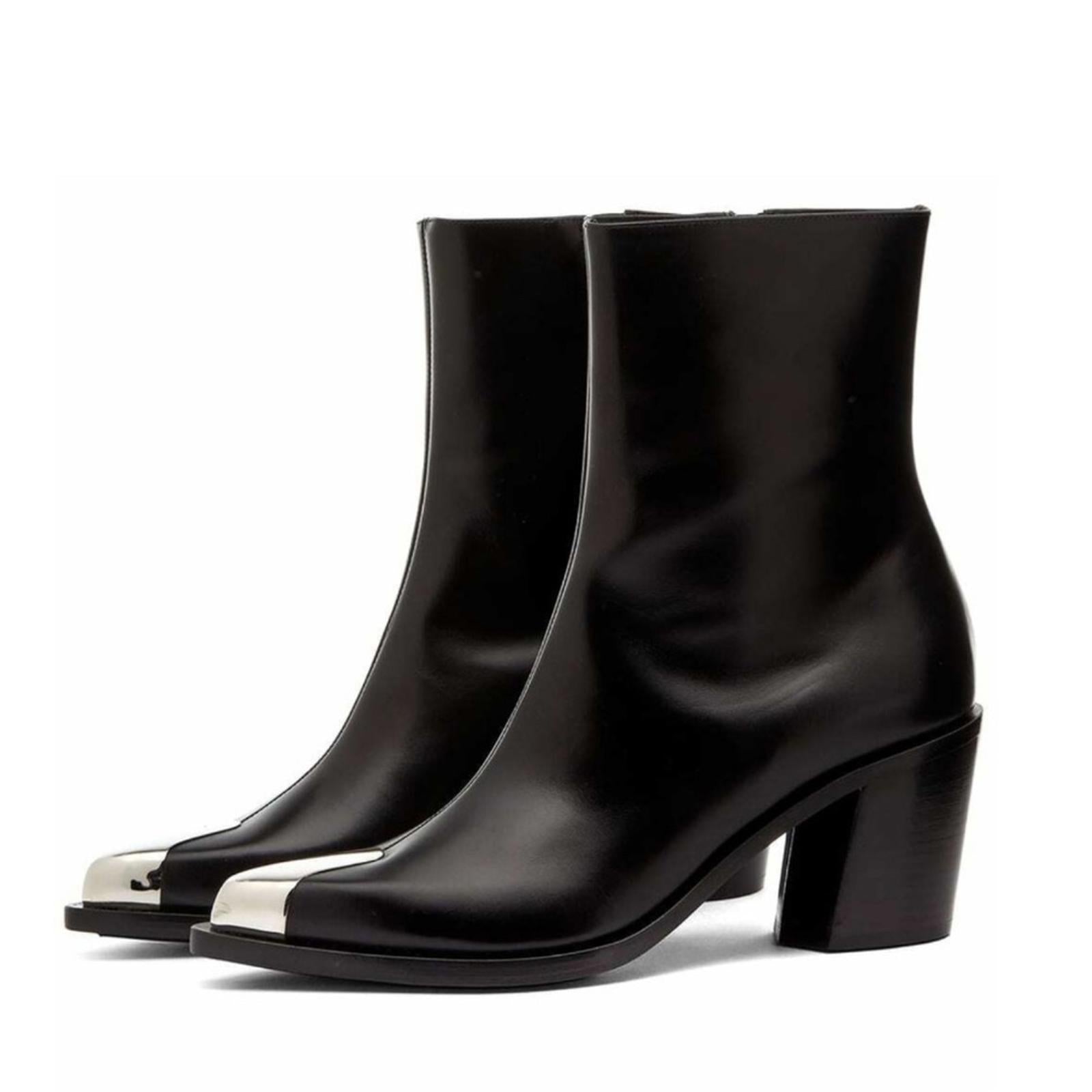 Alexander McQueen Boxcar Calfskin Ankle Booties Black/Slvr Size 36 NWT +DustBag