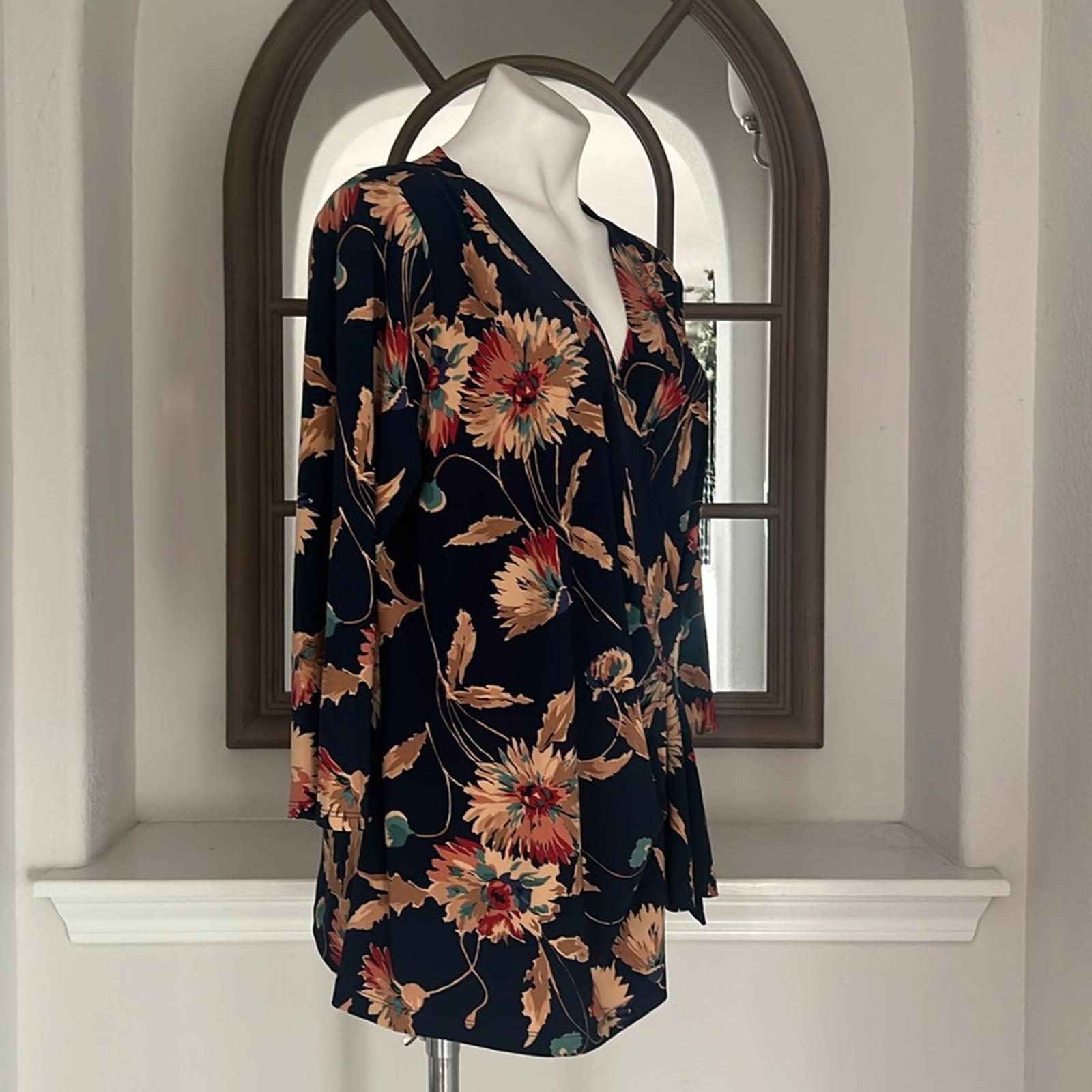 Lauren Ralph Lauren Floral Stretch Jersey Top in Navy Tan Multi Size 1X NWT