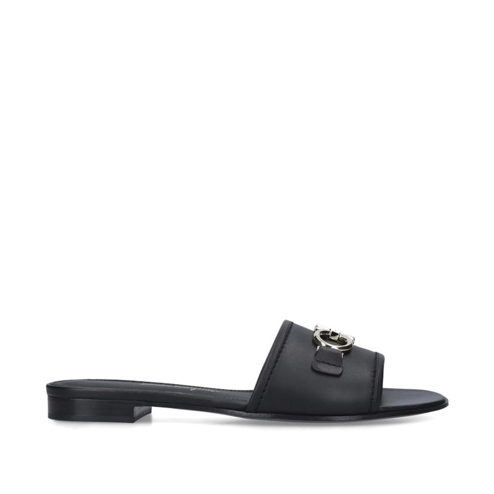 Salvatore Ferragamo Rhodes Slide Sandals in Black/Silver-Tone, NWT, Size 10.5