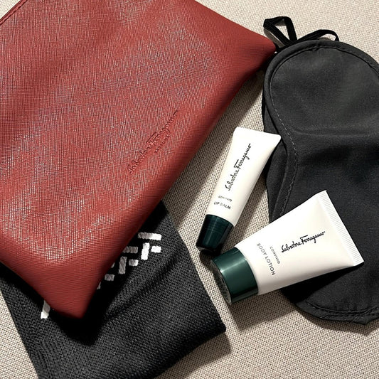 NEW Salvatore Ferragamo Cosmetic Pouch + Travel Size Lotion + Lip Balm + Extras