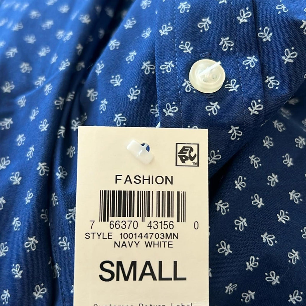 Club Room Ditsy Floral Button Down Dress Shirt Navy White, Size S (14-14.5) NWT
