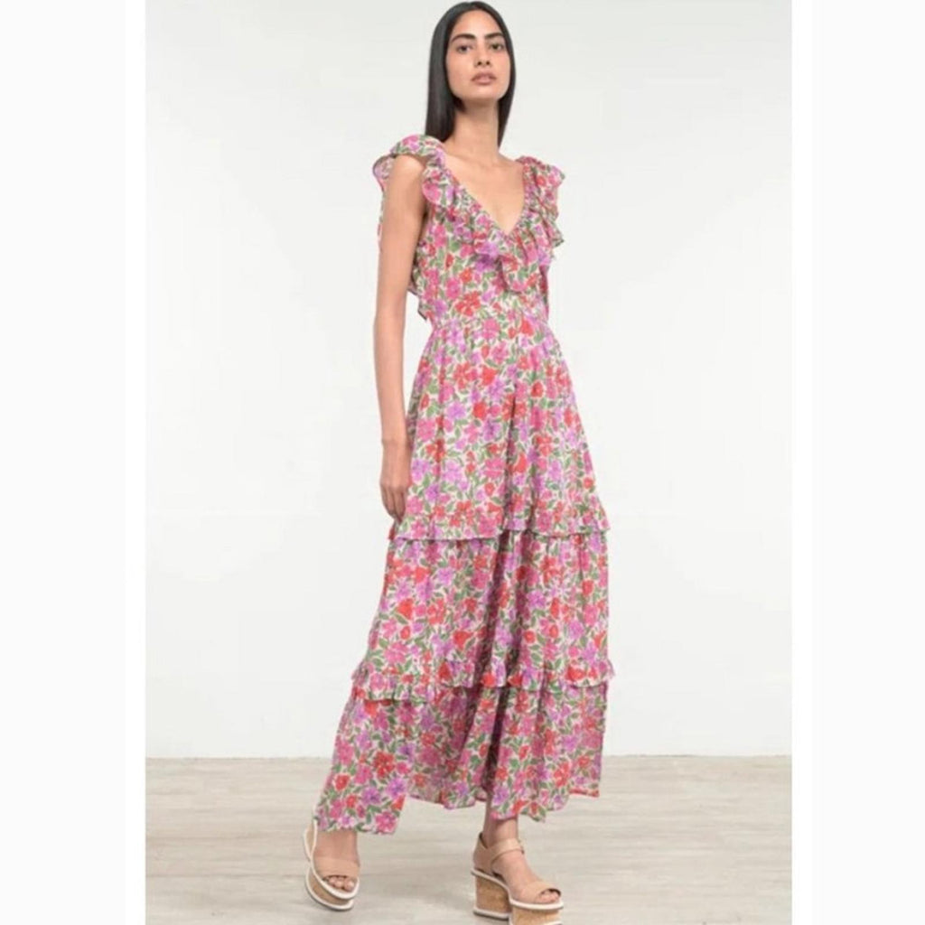 Banjanan Twiggy Floral Print Tiered Dress, Melodic Floral Bonbon, Size XS NWT