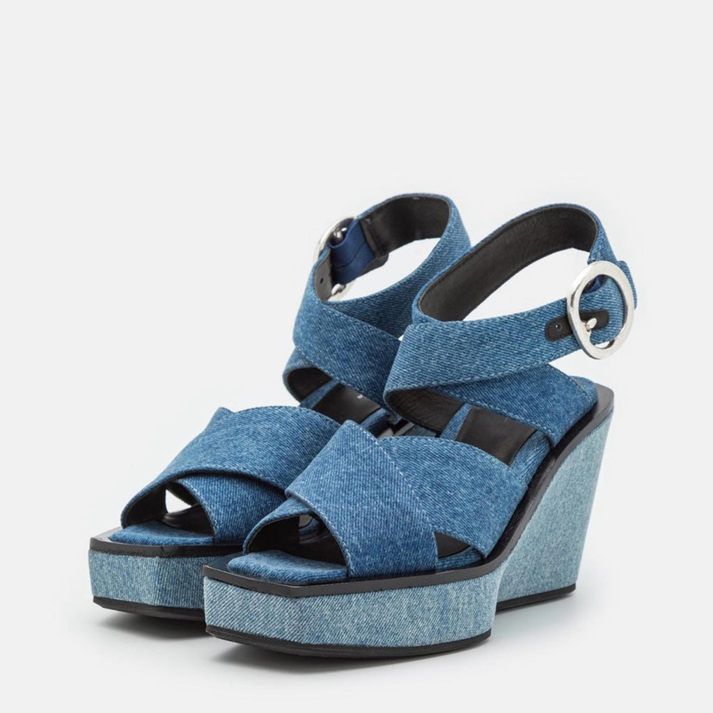 Rag & Bone Santiago Ankle Strap Platform Wedge Sandals Denim, Size 8.5/38.5 NWT