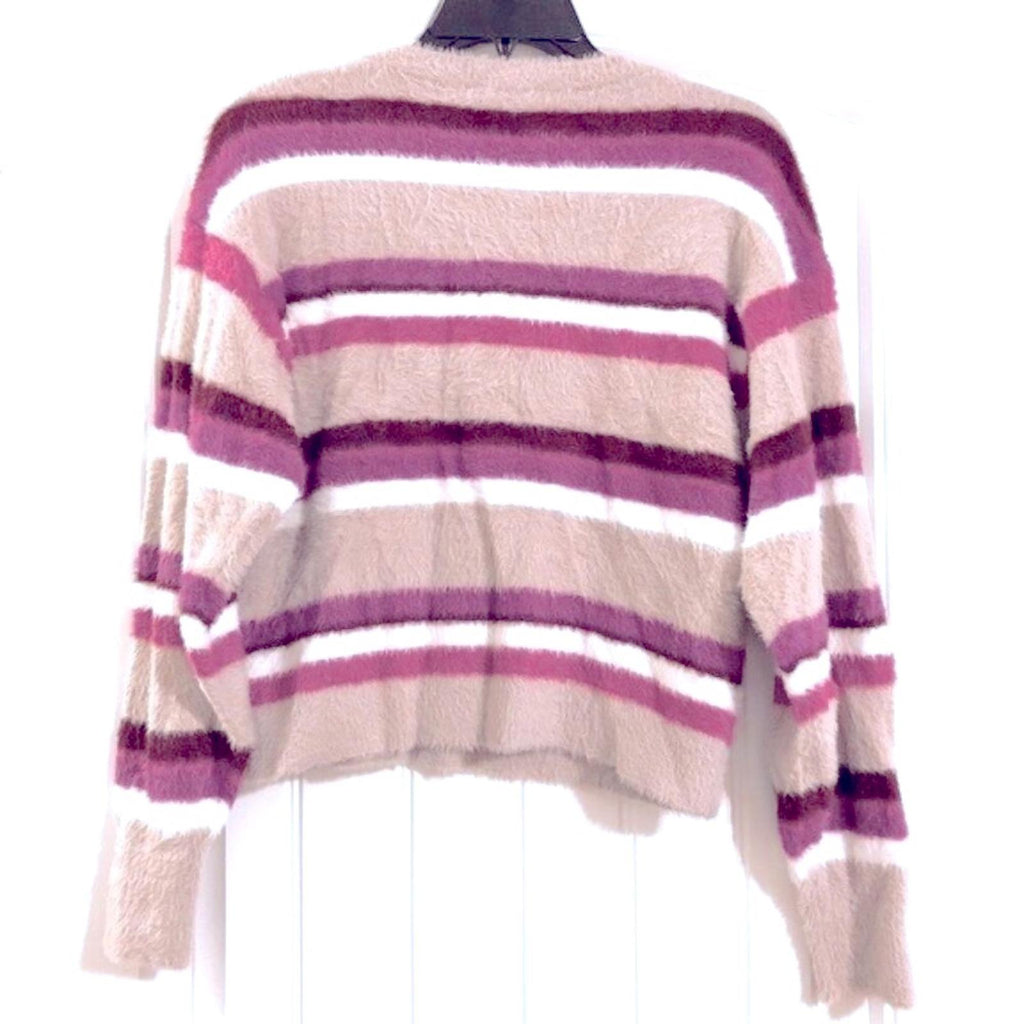 Splendid Striped Plush V-Neck Sweater in Lilac Burgundy, Size M New w/Tag