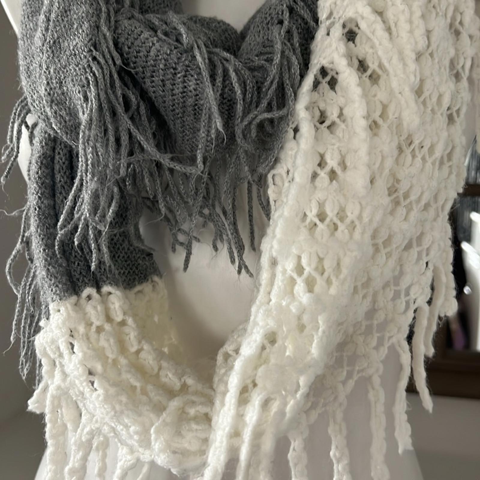 CL Infinity Crochet-Knit Scarf in White & Grey