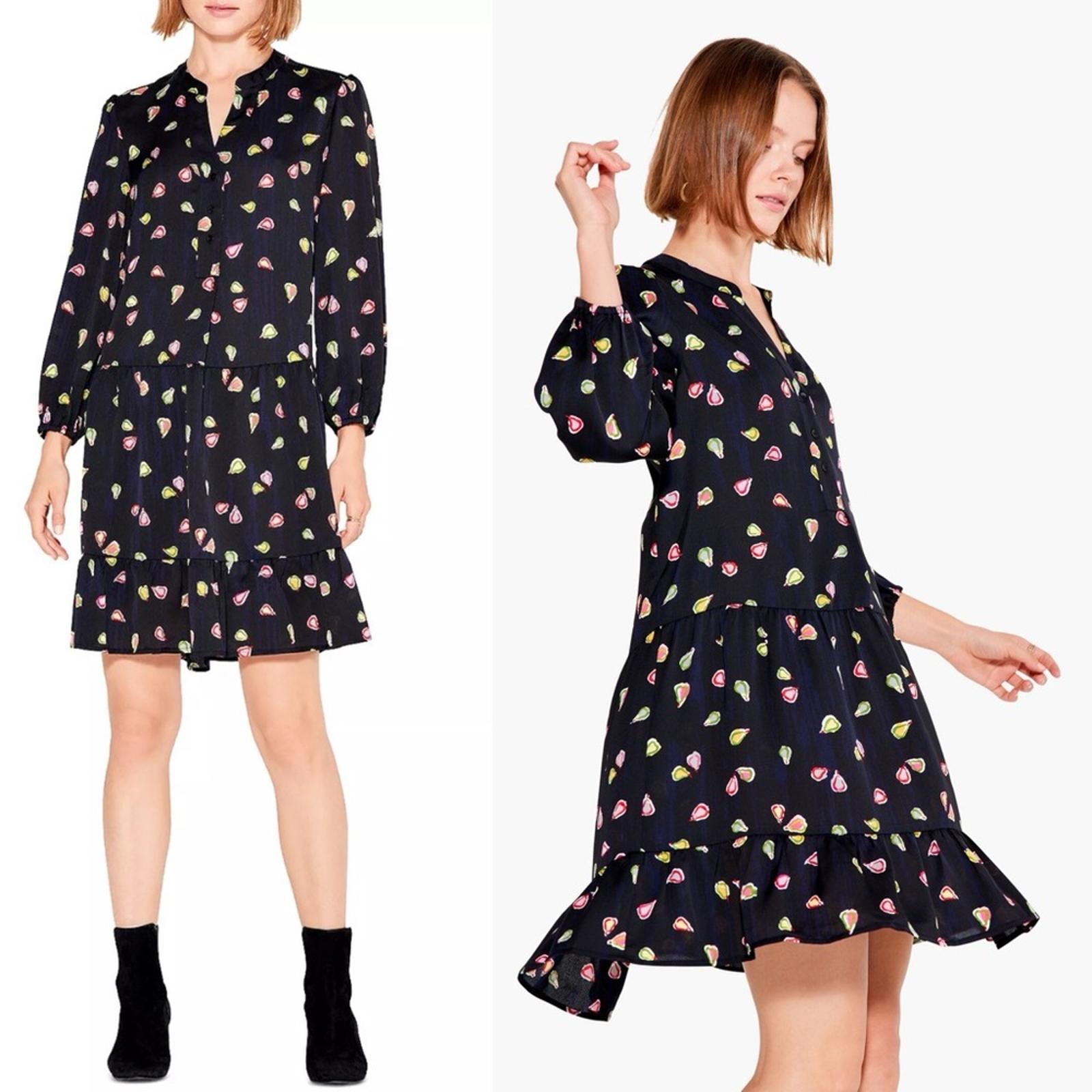 Nic+Zoe Tiered Long-Sleeve Dress w/Mandarin Collar, Black Multi, Size L NWT $188