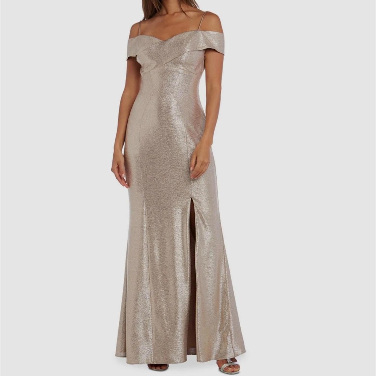 NEW Nightway Gunmetal Off-the-Shoulder Metallic Gown, Size 12 New w/Tag $129