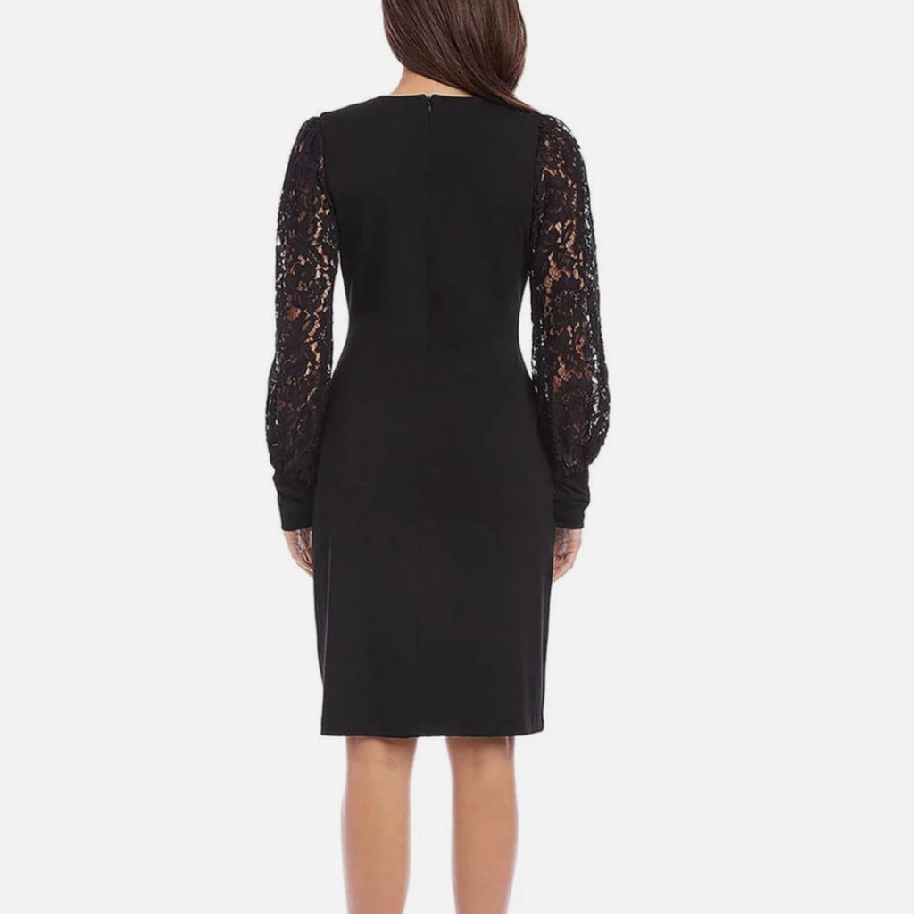 Karen Kane Lace V-Neck Midi Dress w/Lace Sleeves in Black, Size S New w/Tag $158