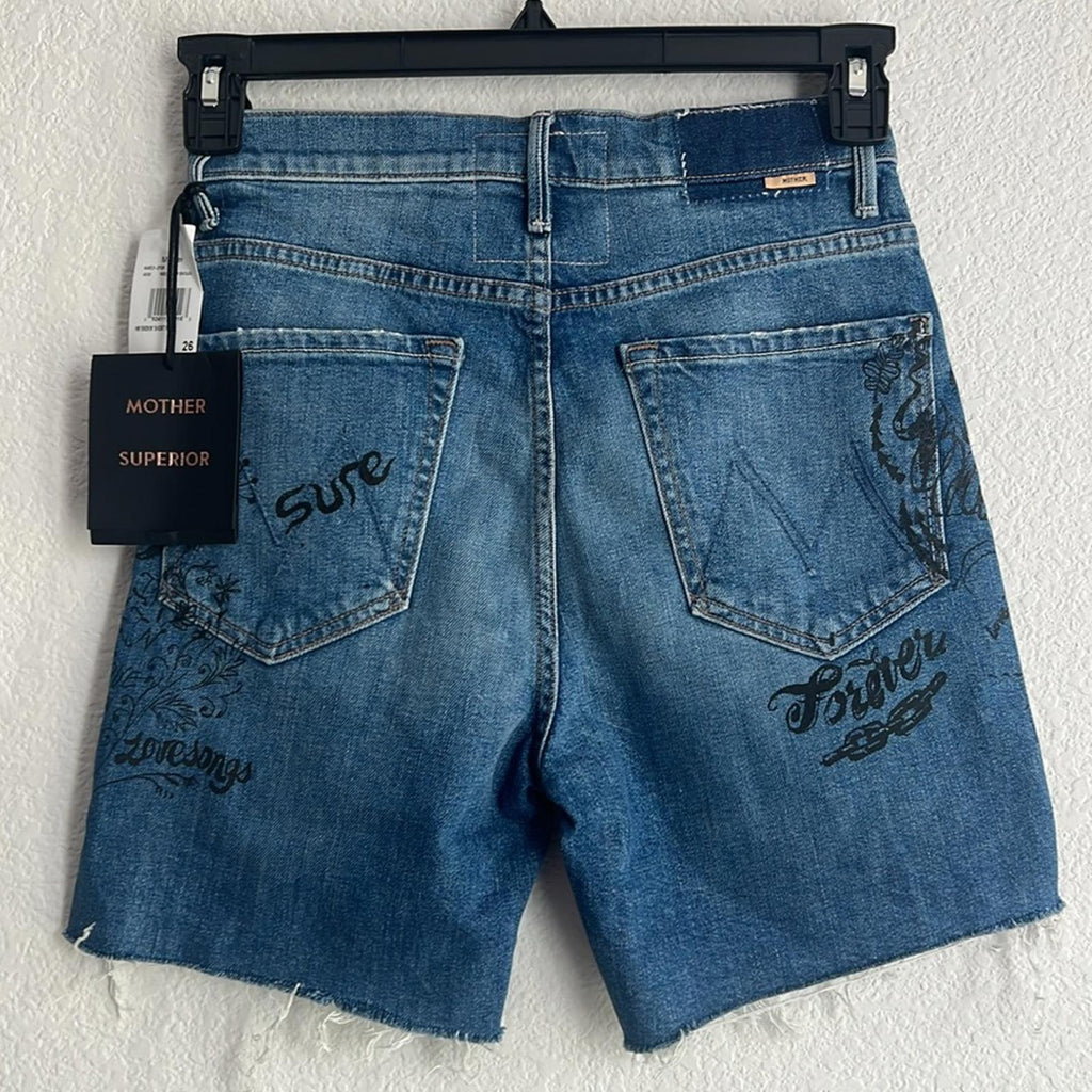 Mother High-Waisted Smokin’ Short Fray Jeans w/Strawberry Patch, Size 26 NWT