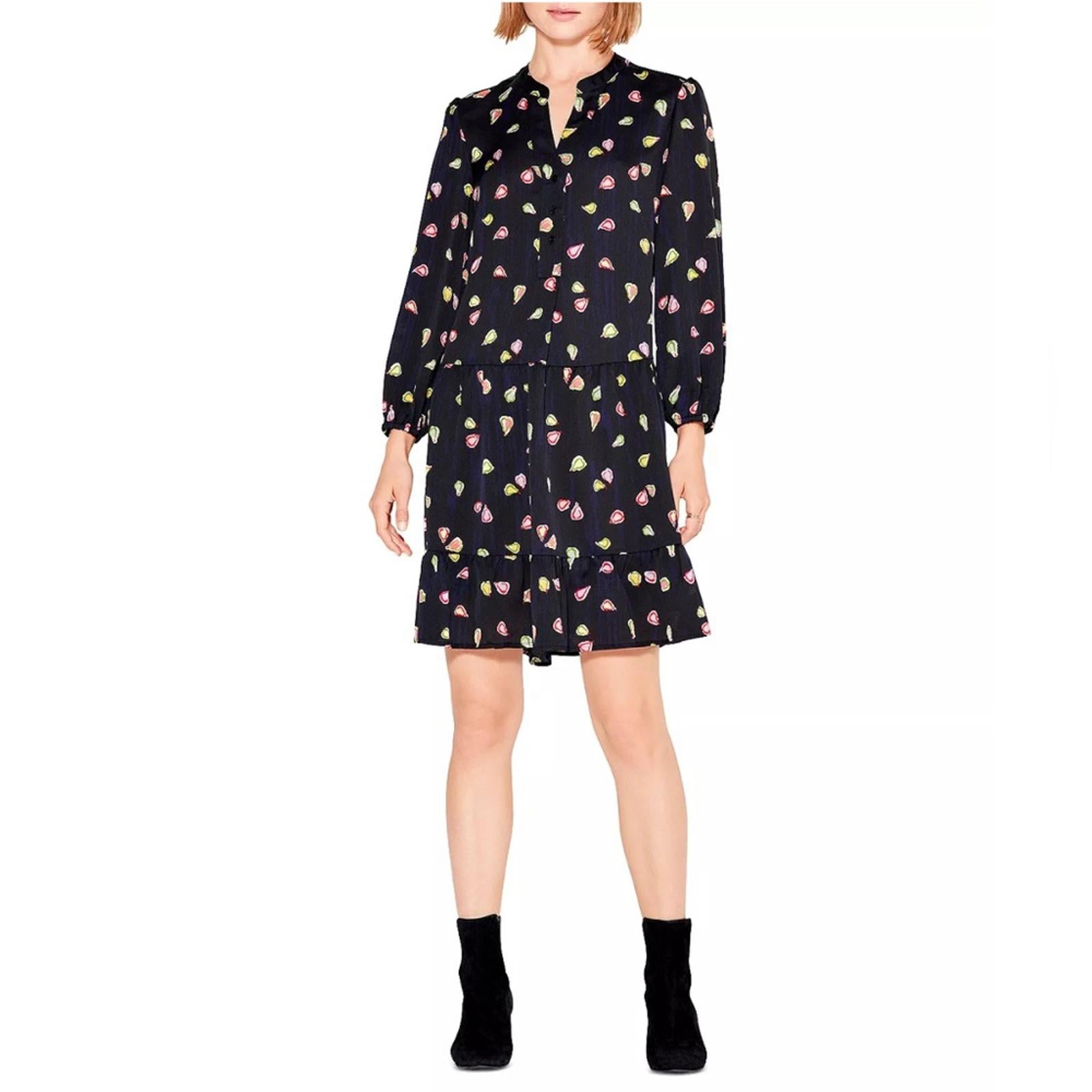 Nic+Zoe Tiered Long-Sleeve Dress w/Mandarin Collar, Black Multi, Size L NWT $188